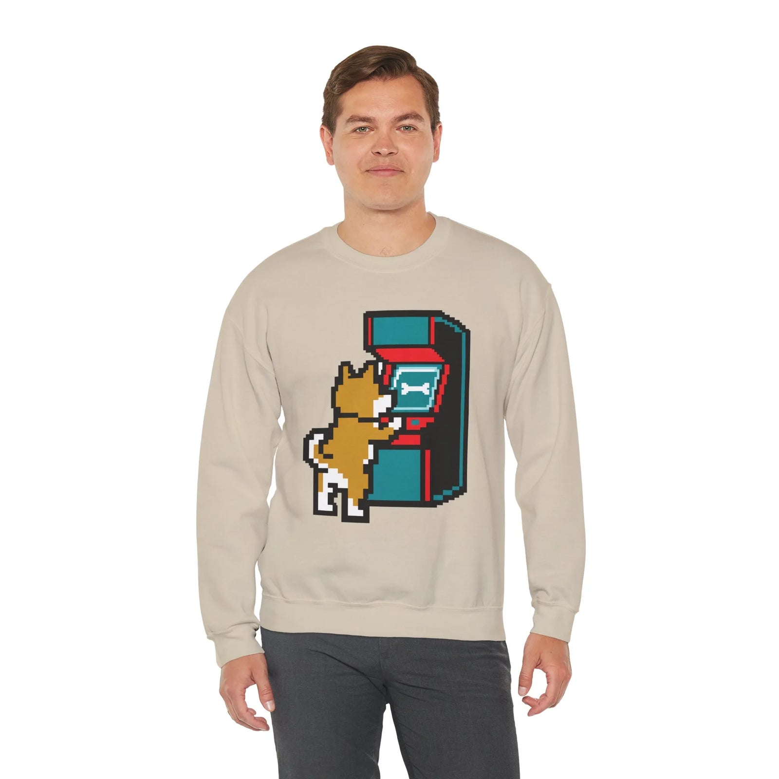 8-Bit Pixel Gaming Dog Sweatshirt - Classic Fit Fleece Crewneck - Unisex White