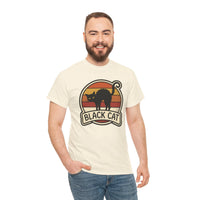 Black Cat Retro Sunset T-Shirt - Heavyweight 100% Cotton Classic Tee - Unisex White