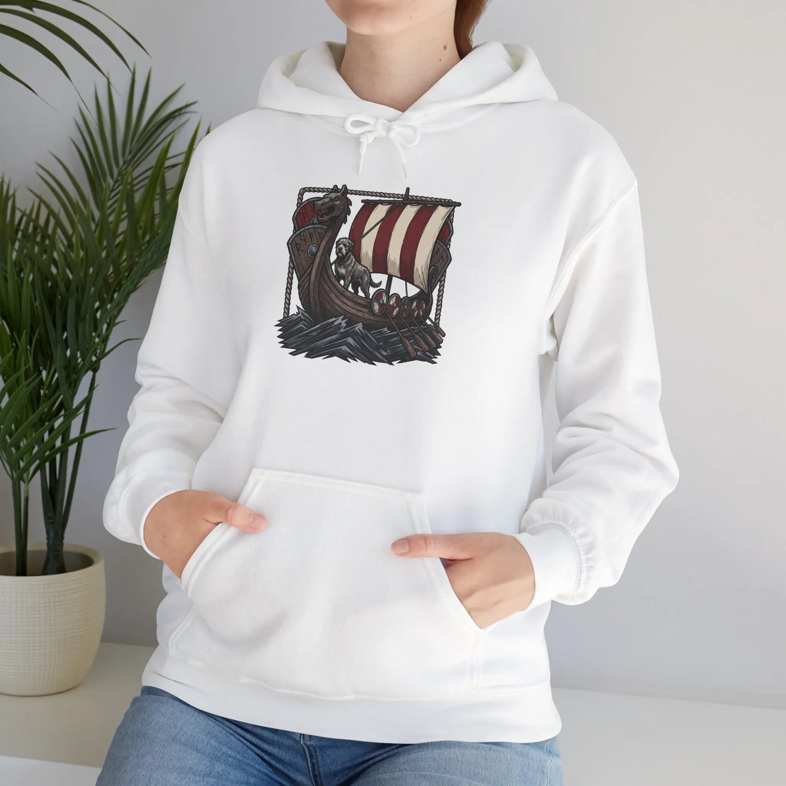 Longship Prow Viking Dog Hoodie - Cozy Cotton Poly Fleece - Unisex White