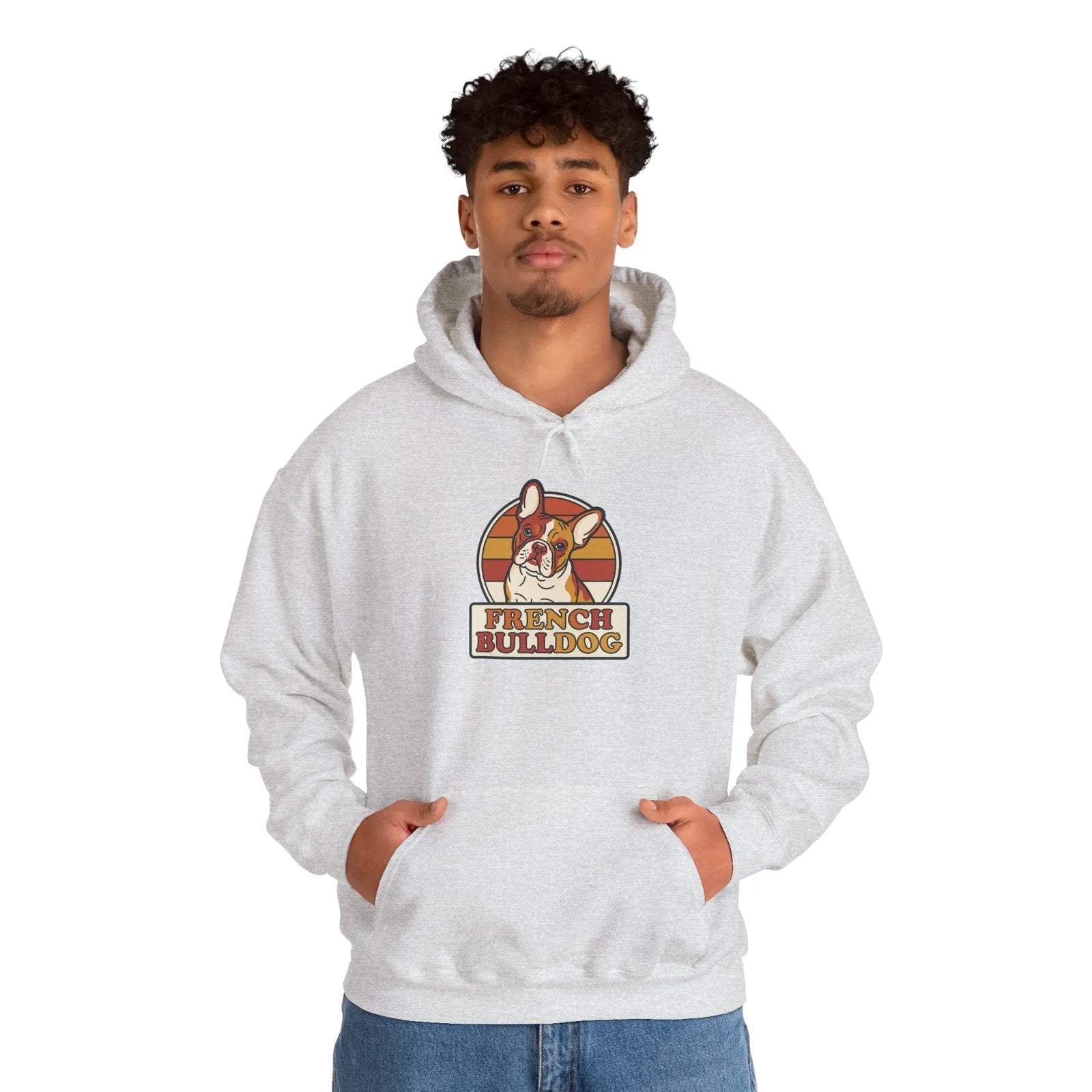 French Bulldog Retro 70s Sunset Hoodie - Medium-Heavy Cotton Poly Blend - Unisex White
