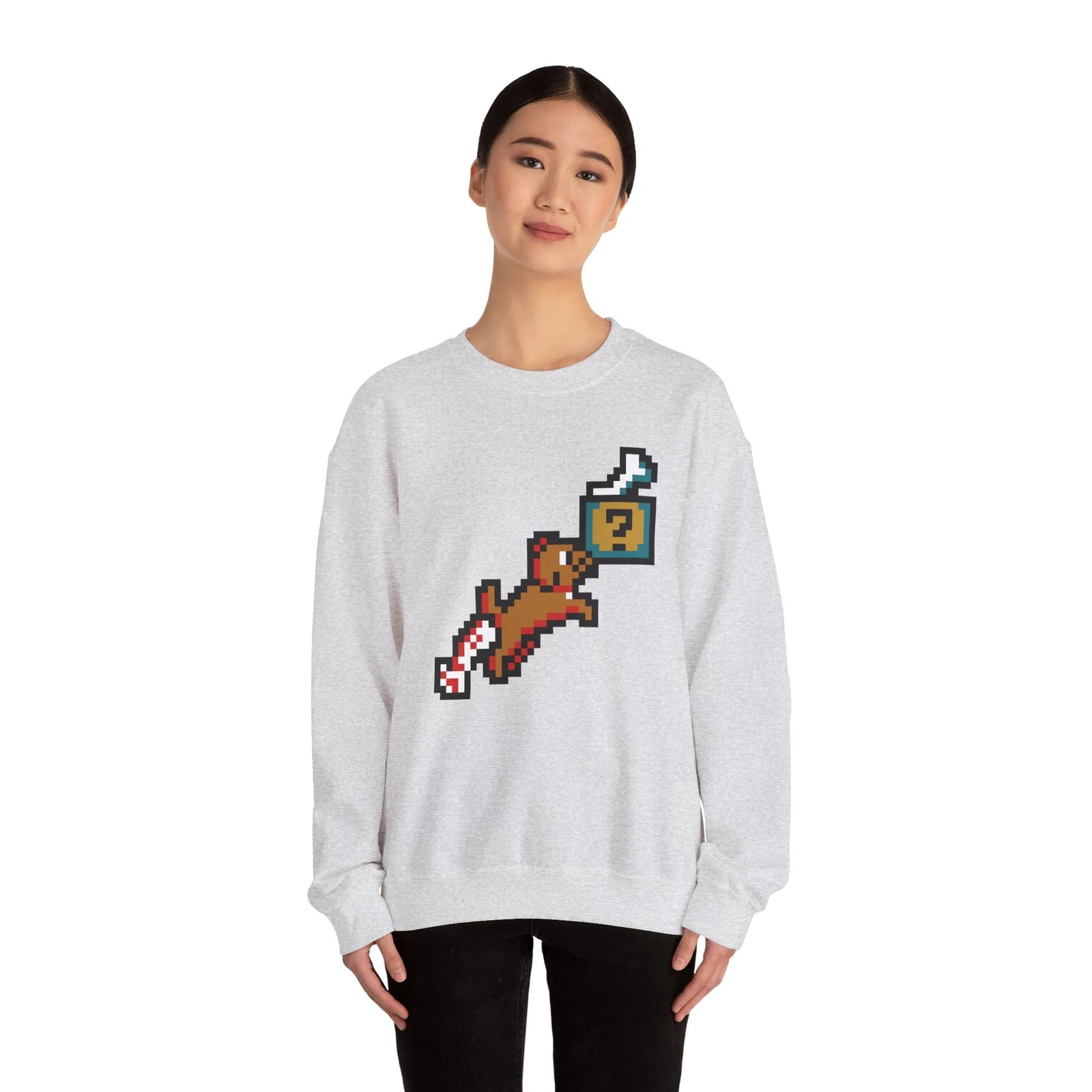 Fetch Quest 8-Bit Pixel Gaming Dog Sweatshirt - Heavy Blend Cotton Polyester Crewneck - Unisex White