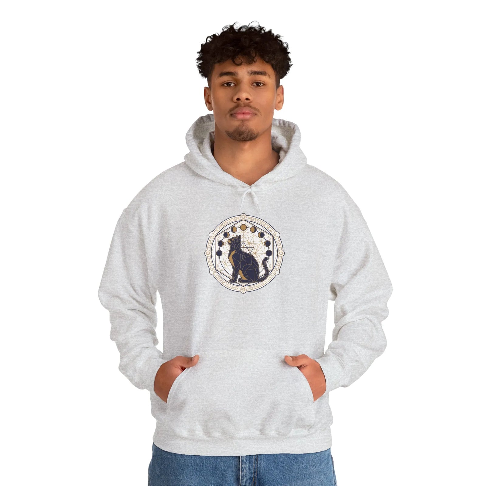 Moon Phases Sacred Geometry Cat Hoodie - Soft Fleece Pullover - Unisex White