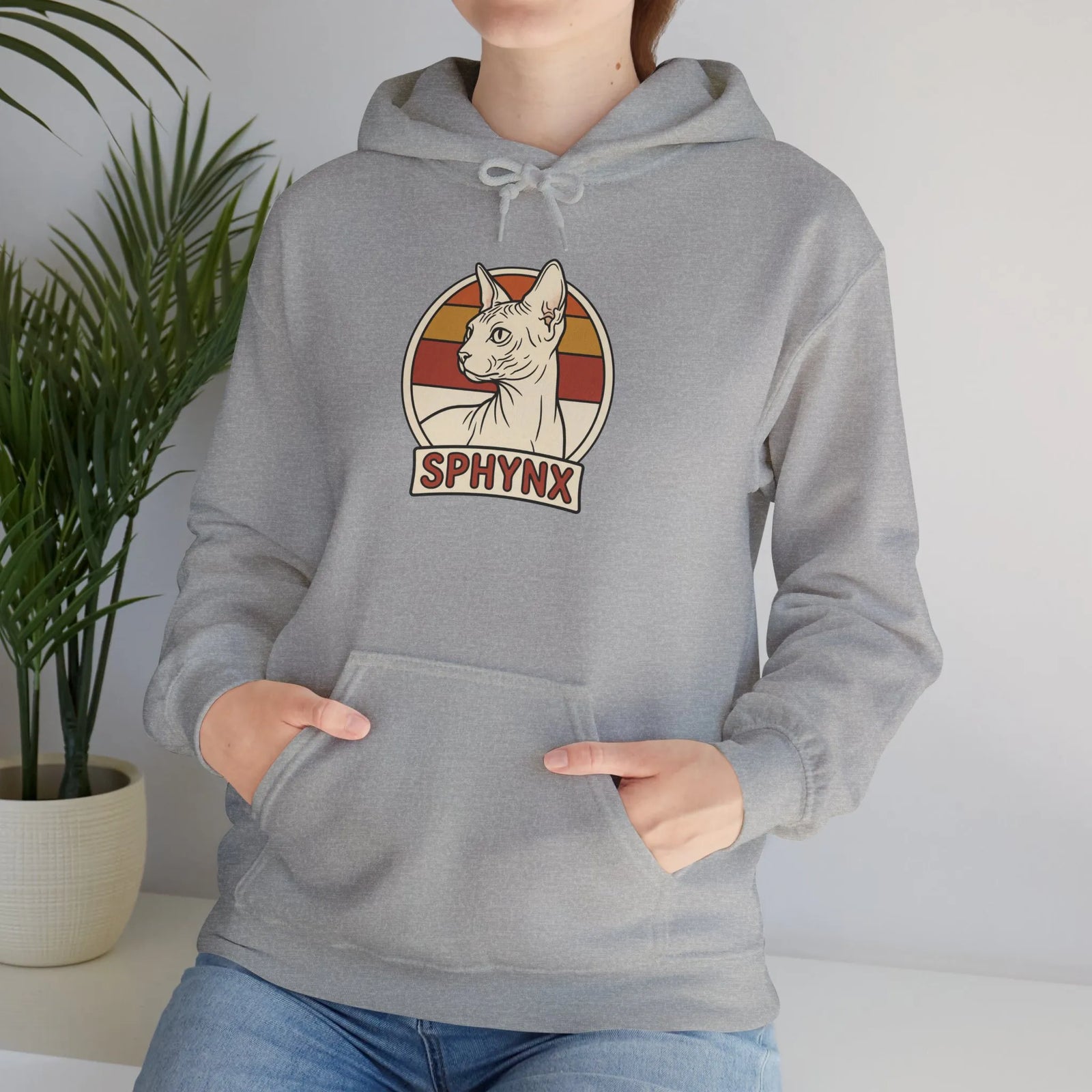 Sphynx Cat Retro Sunset Hoodie - Soft Blend Fleece Pullover - Unisex Ash