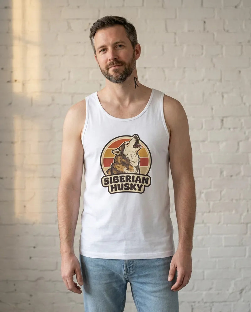 Siberian Husky Retro Sunset Tank Top - Lightweight Jersey Retail Fit - Unisex Athletic Heather