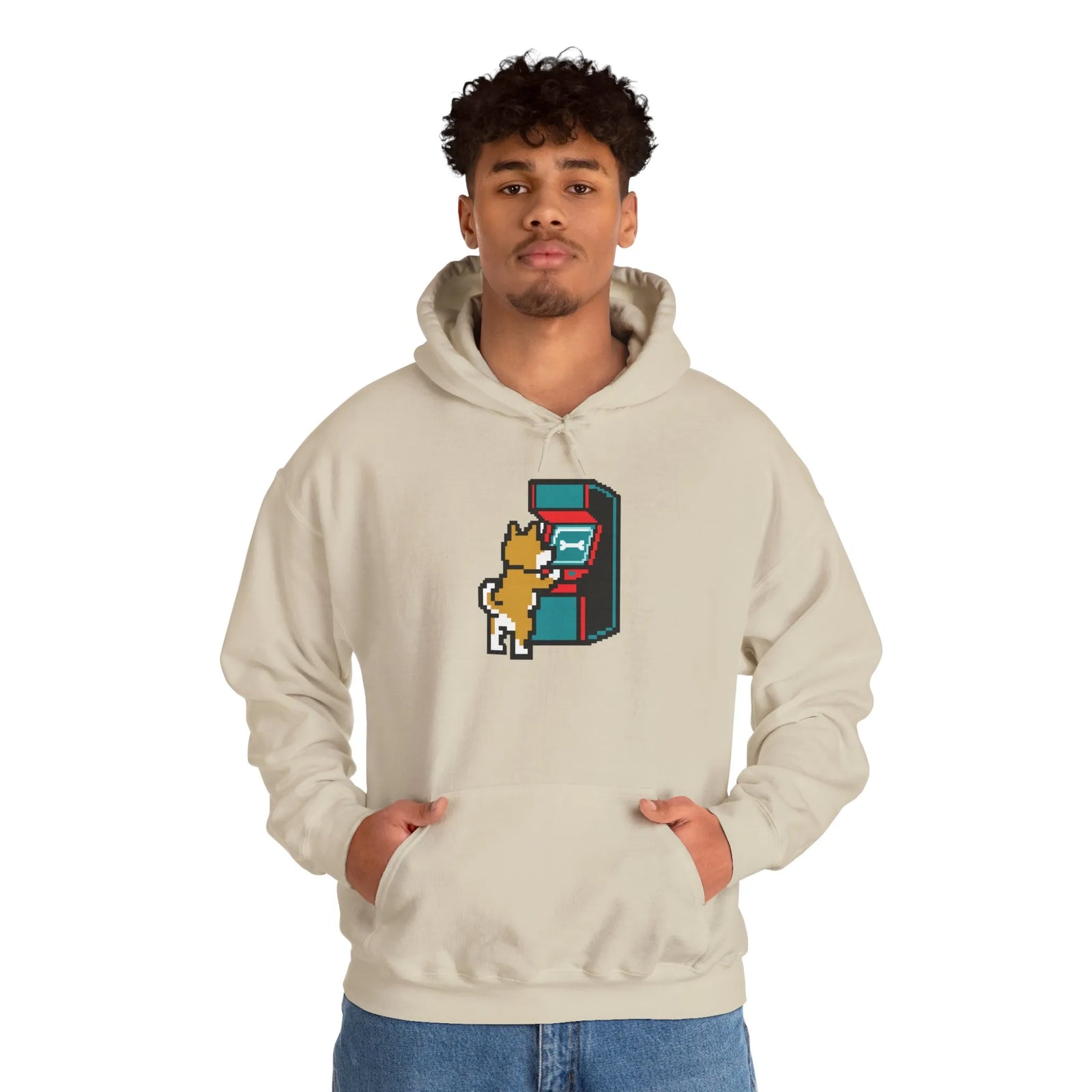 8-Bit Pixel Gaming Dogs Hoodie - Soft Cotton Blend Pullover Fleece - Unisex White