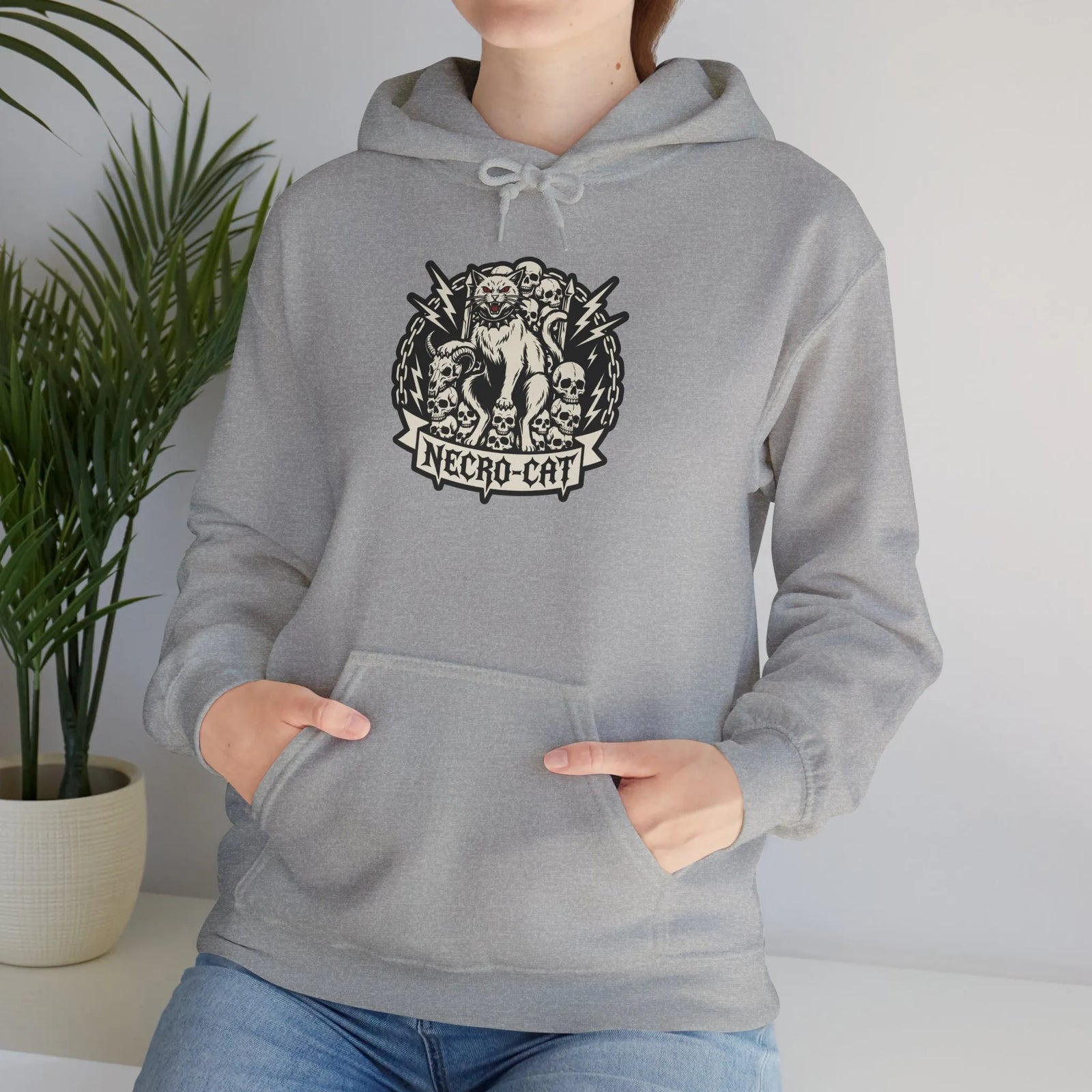 Necro-Cat Skull Throne Graphic Hoodie - Heavyweight Cotton Blend Pullover - Unisex White