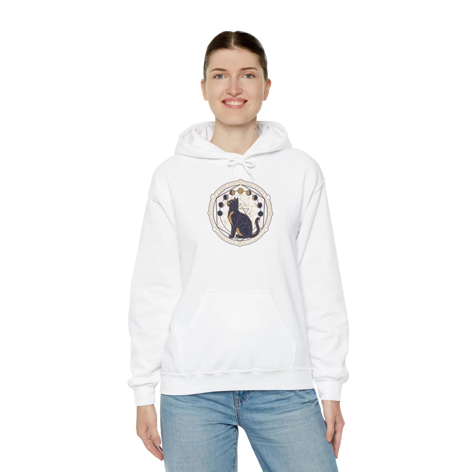 Moon Phases Sacred Geometry Cat Hoodie - Soft Fleece Pullover - Unisex White