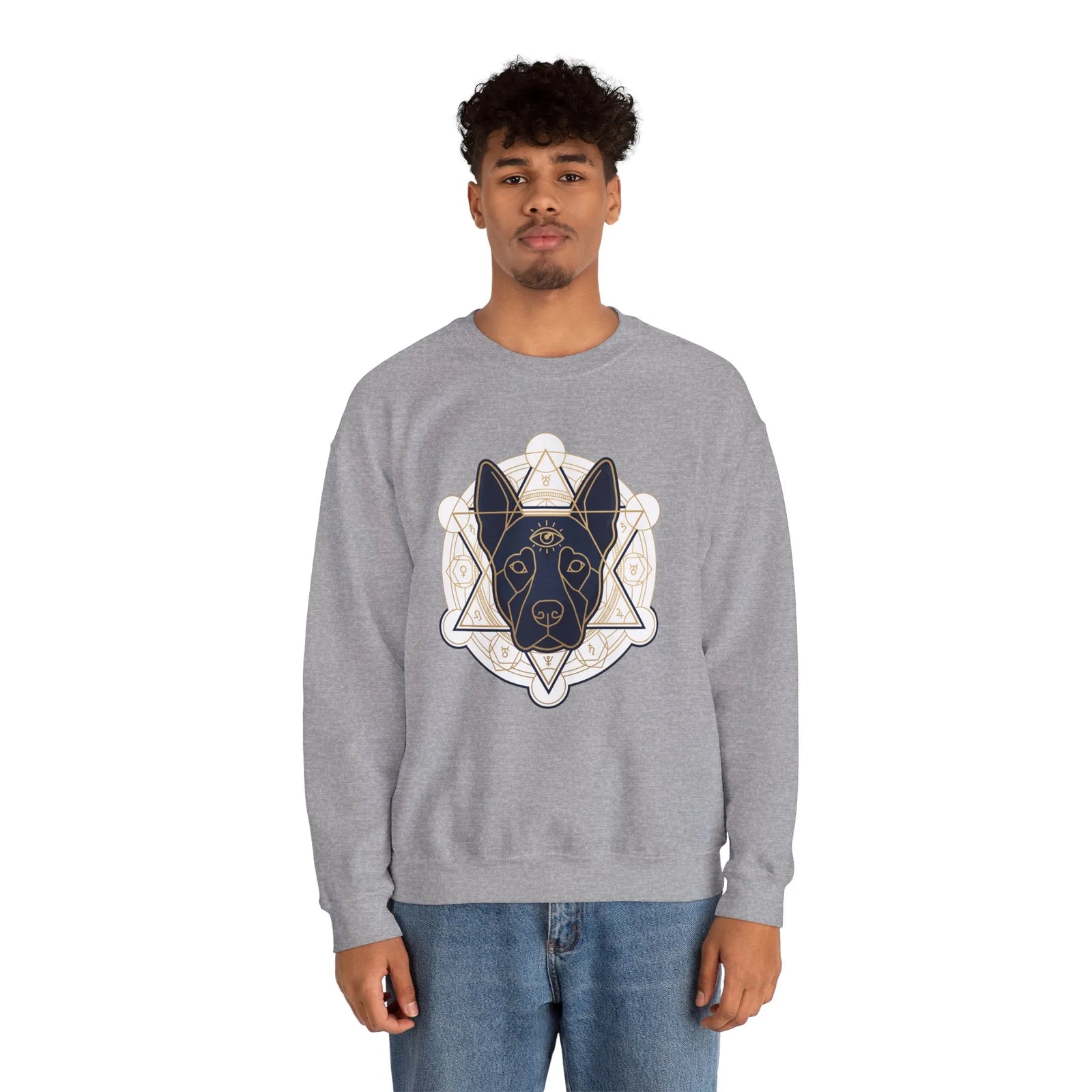 Third Eye Sacred Geometry Spirit Dog Sweatshirt - Heavy Blend Cotton Polyester Crewneck - Unisex White