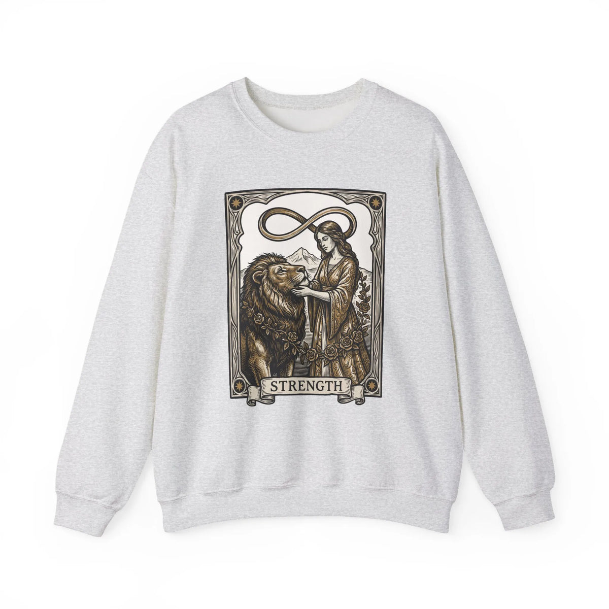 Strength Tarot Card Sweatshirt - Heavy Blend Crewneck Fleece - Unisex White