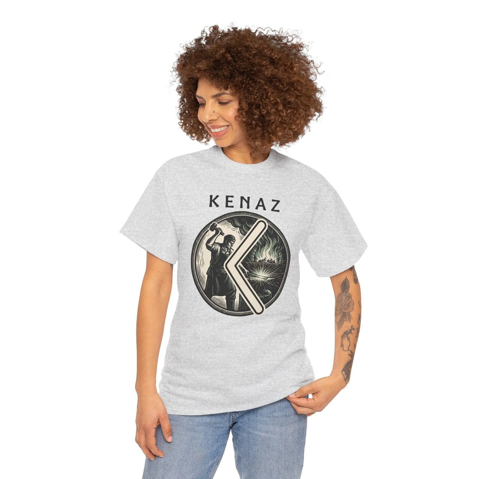 Kenaz Rune Forge Blacksmith T-Shirt - Heavyweight 100% Cotton Classic Fit Tee - Unisex White
