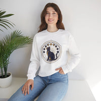 Moon Phases Sacred Geometry Cat Sweatshirt - Heavy Blend Cotton Polyester Crewneck - Unisex White