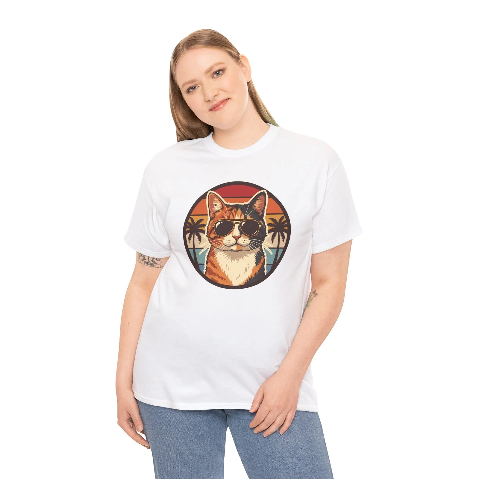 Calico Cool Cat Sunset Aviator T-Shirt - Heavy Cotton Classic Fit Tee - Unisex White