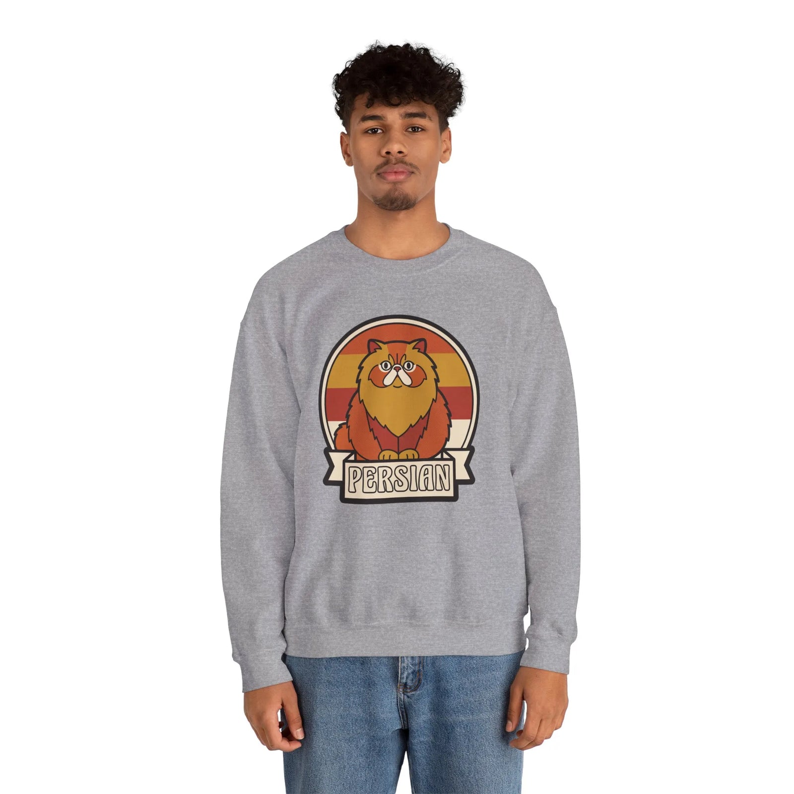 Retro Persian Cat Sunset Sweatshirt - Heavy Blend Cotton Blend Crewneck - Unisex White