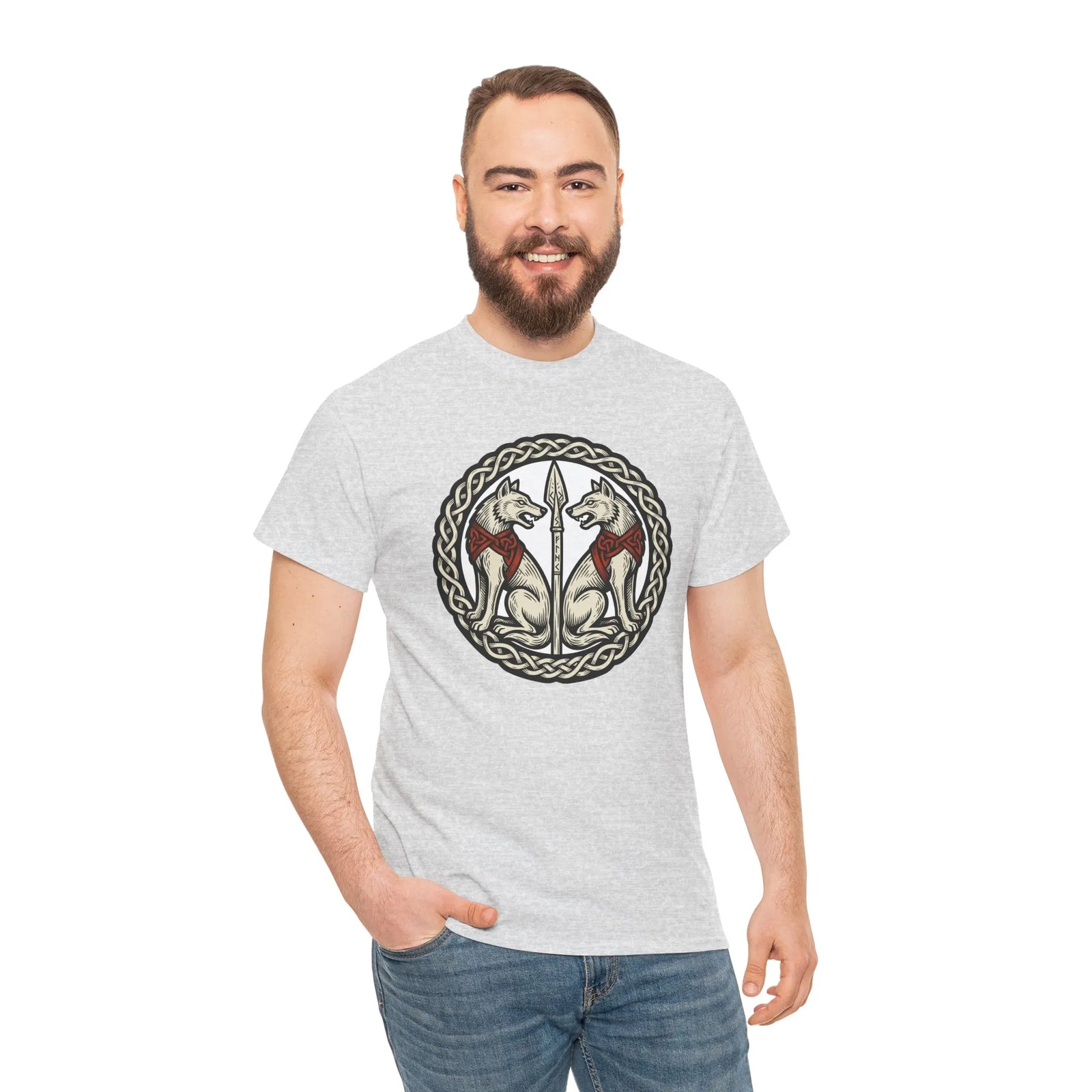 Geri and Freki Odin's Wolves Woodcut T-Shirt - Heavy Cotton Classic Fit Tee - Unisex White