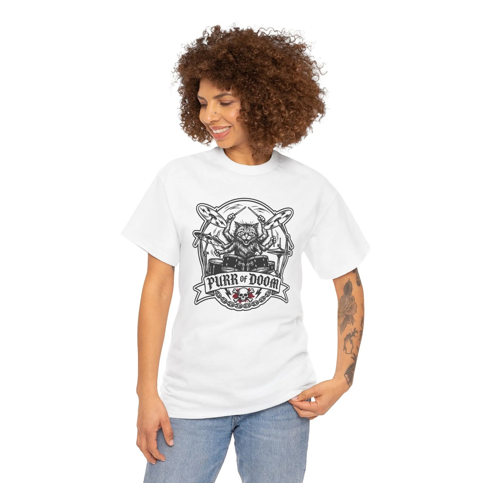 Heavy Metal Rocker Cat Drummer T-Shirt - Heavy Cotton Classic Fit Tee - Unisex White