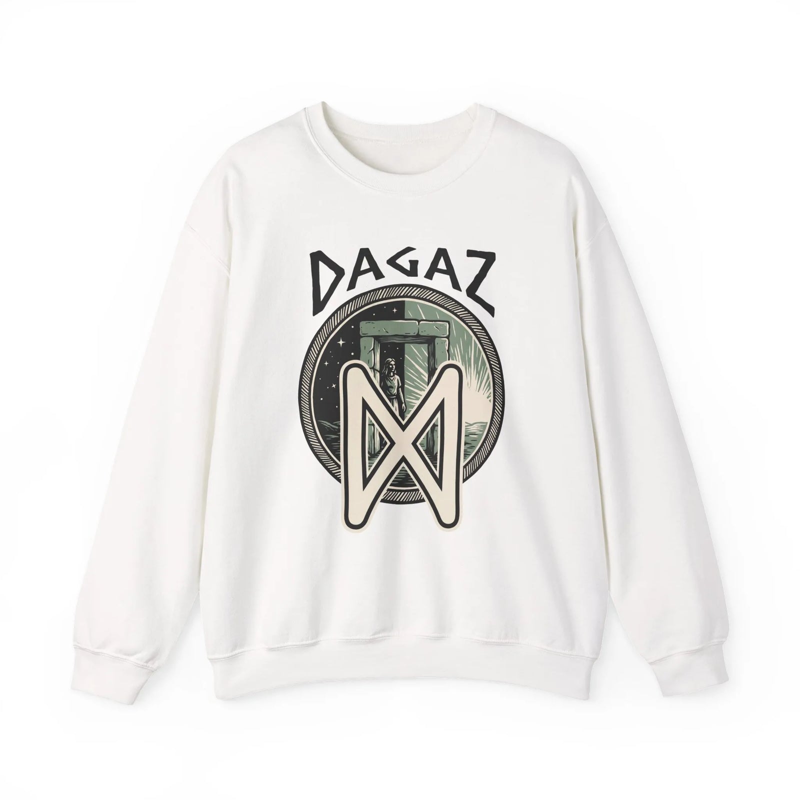Dagaz Rune Dawn Dusk Graphic Sweatshirt - Heavyweight Cotton Poly Blend Crewneck - Unisex White