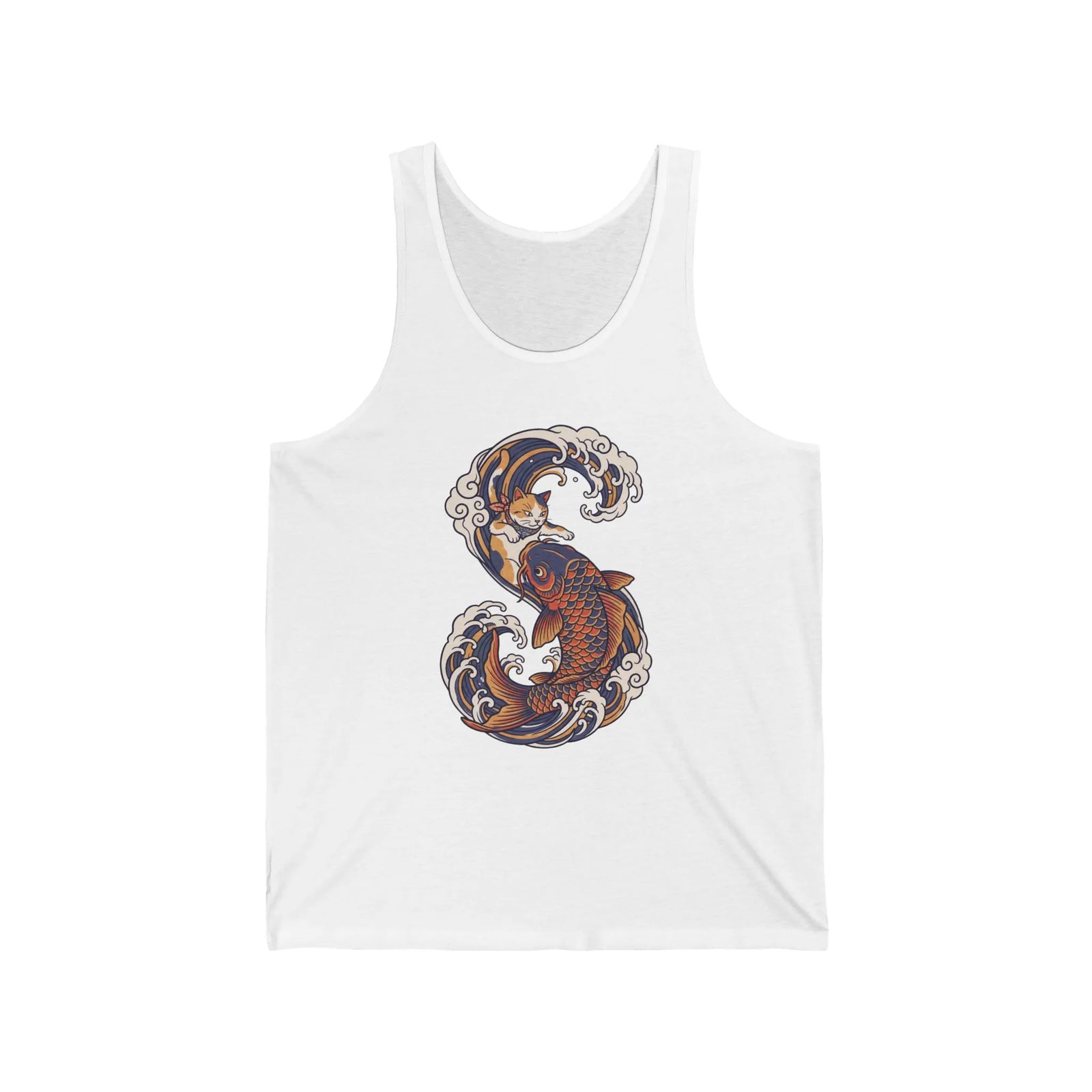 Koi Rider Ukiyo-e Samurai Cats Tank Top - Lightweight Combed Cotton Jersey - Unisex White