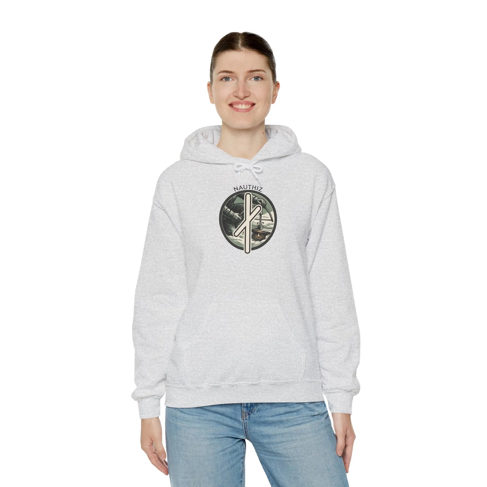Nauthiz Rune Necessity Graphic Hoodie - Soft Cotton-Poly Fleece Pullover - Unisex White