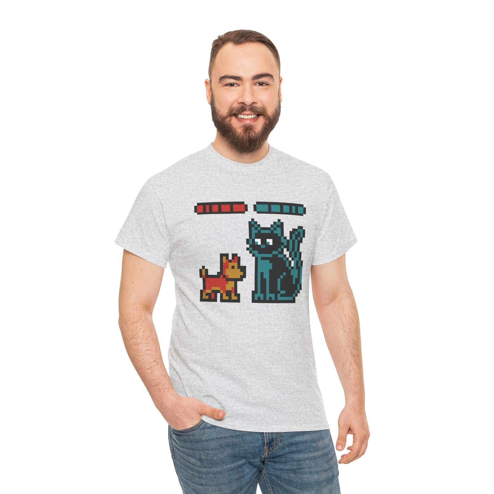 8-Bit Pixel Gaming Dogs Boss Fight T-Shirt - Heavyweight 100% Cotton Classic Fit - Unisex White