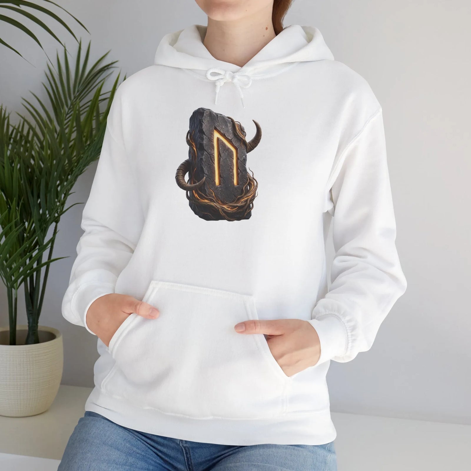 Uruz Runic Symbol Hoodie - Heavy Blend Fleece Pullover - Unisex Off White