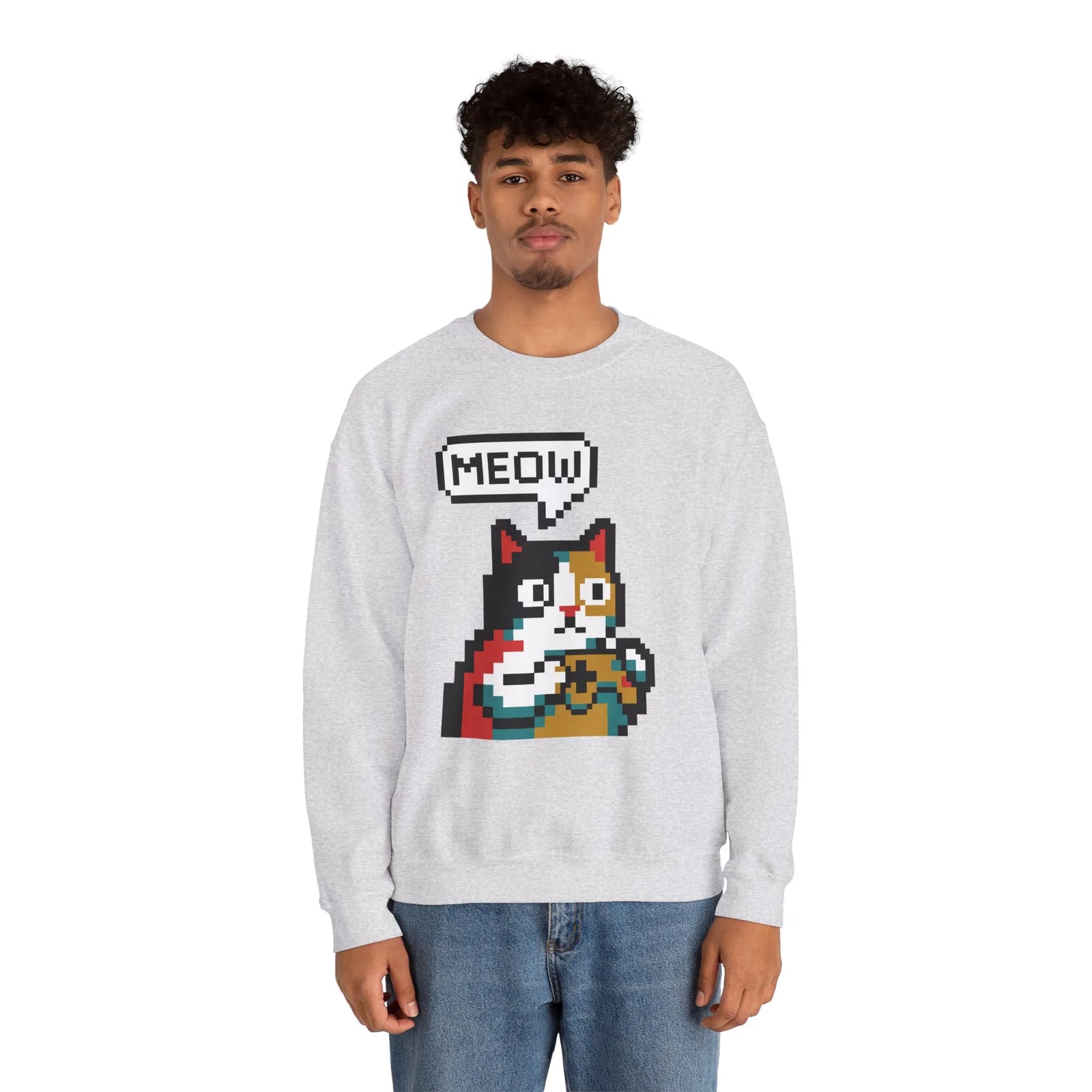 8-Bit Pixel Gaming Cat Sweatshirt - Heavy Blend Crewneck Classic Fit - Unisex White