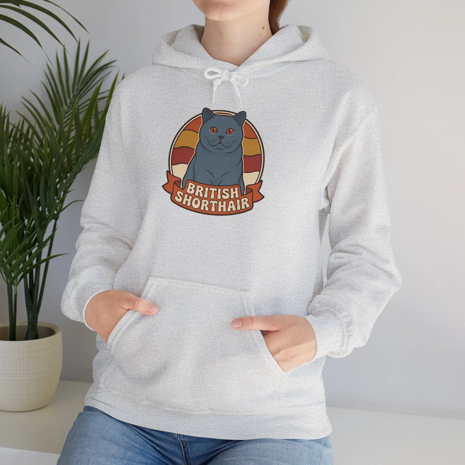 British Shorthair Retro Sunset Hoodie - Cozy Cotton Blend Pullover - Unisex White