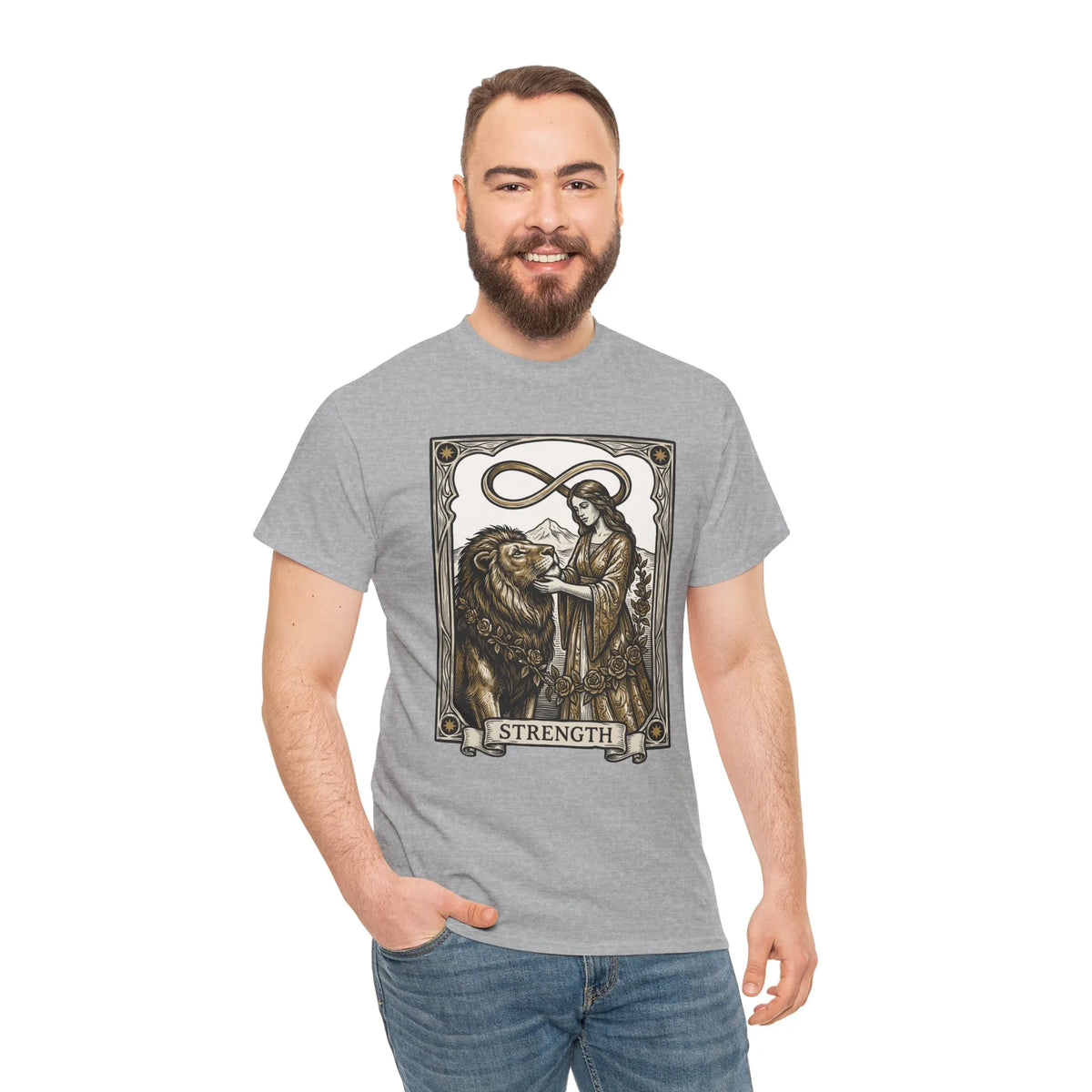 Tarot Strength Card Graphic T-Shirt - Heavy Cotton Classic Fit Crewneck - Unisex White