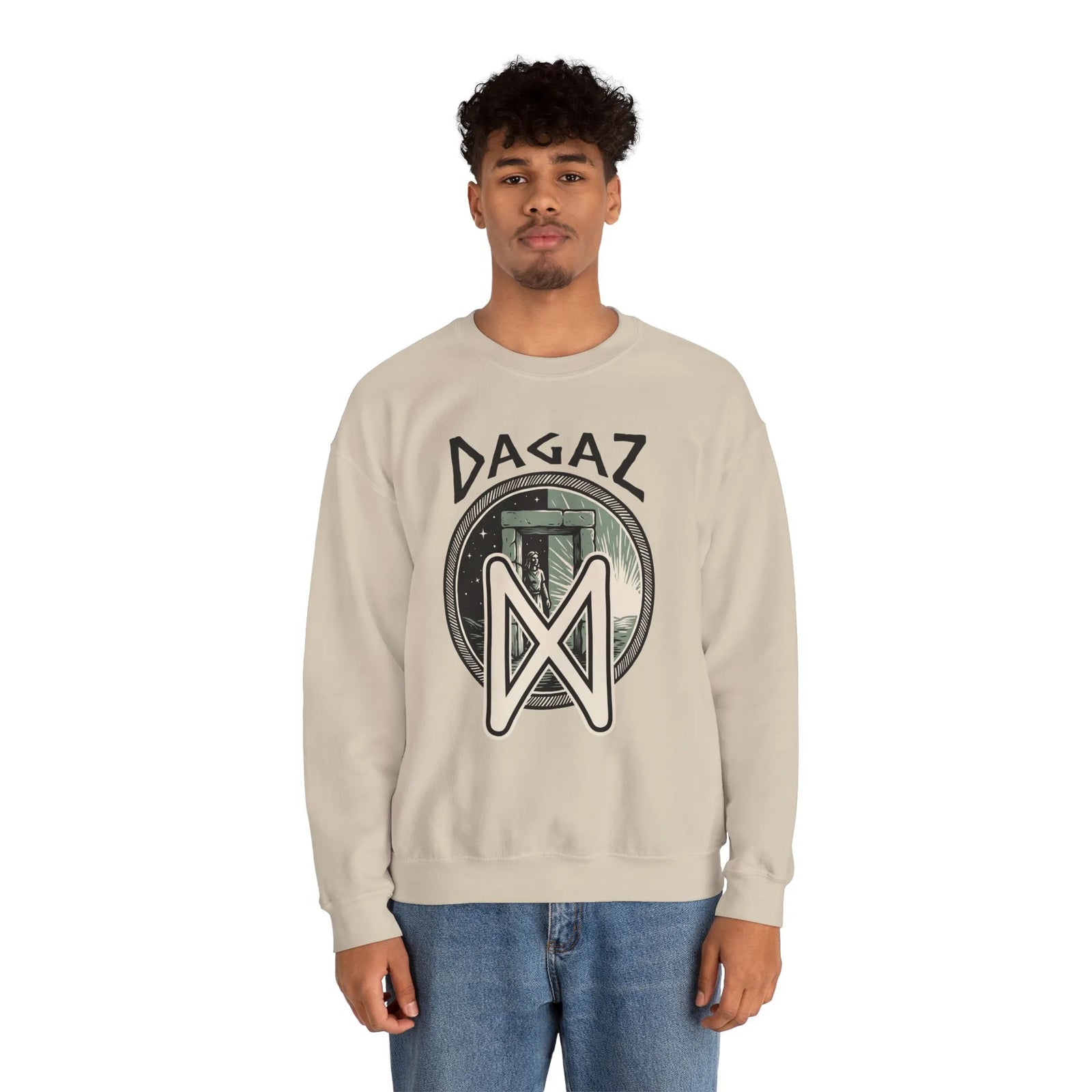 Dagaz Rune Dawn Dusk Graphic Sweatshirt - Heavyweight Cotton Poly Blend Crewneck - Unisex White