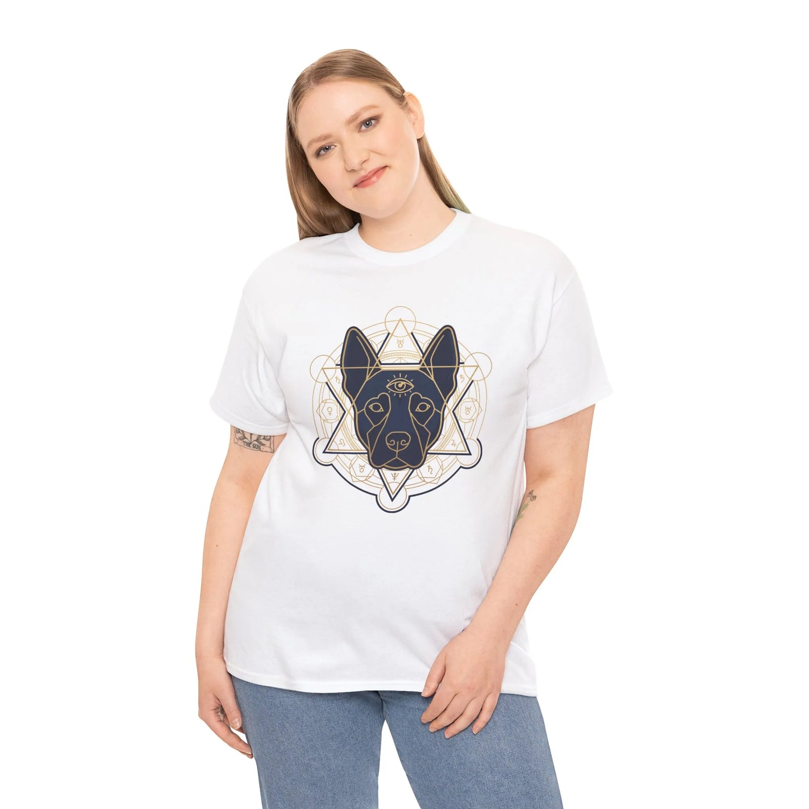 Third Eye Spirit Dog Sacred Geometry T-Shirt - Heavyweight Cotton Classic Fit Tee - Unisex White