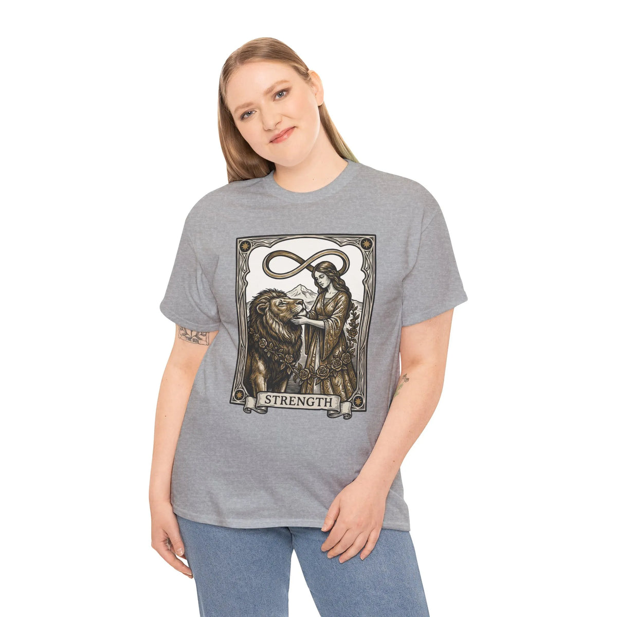 Tarot Strength Card Graphic T-Shirt - Heavy Cotton Classic Fit Crewneck - Unisex White