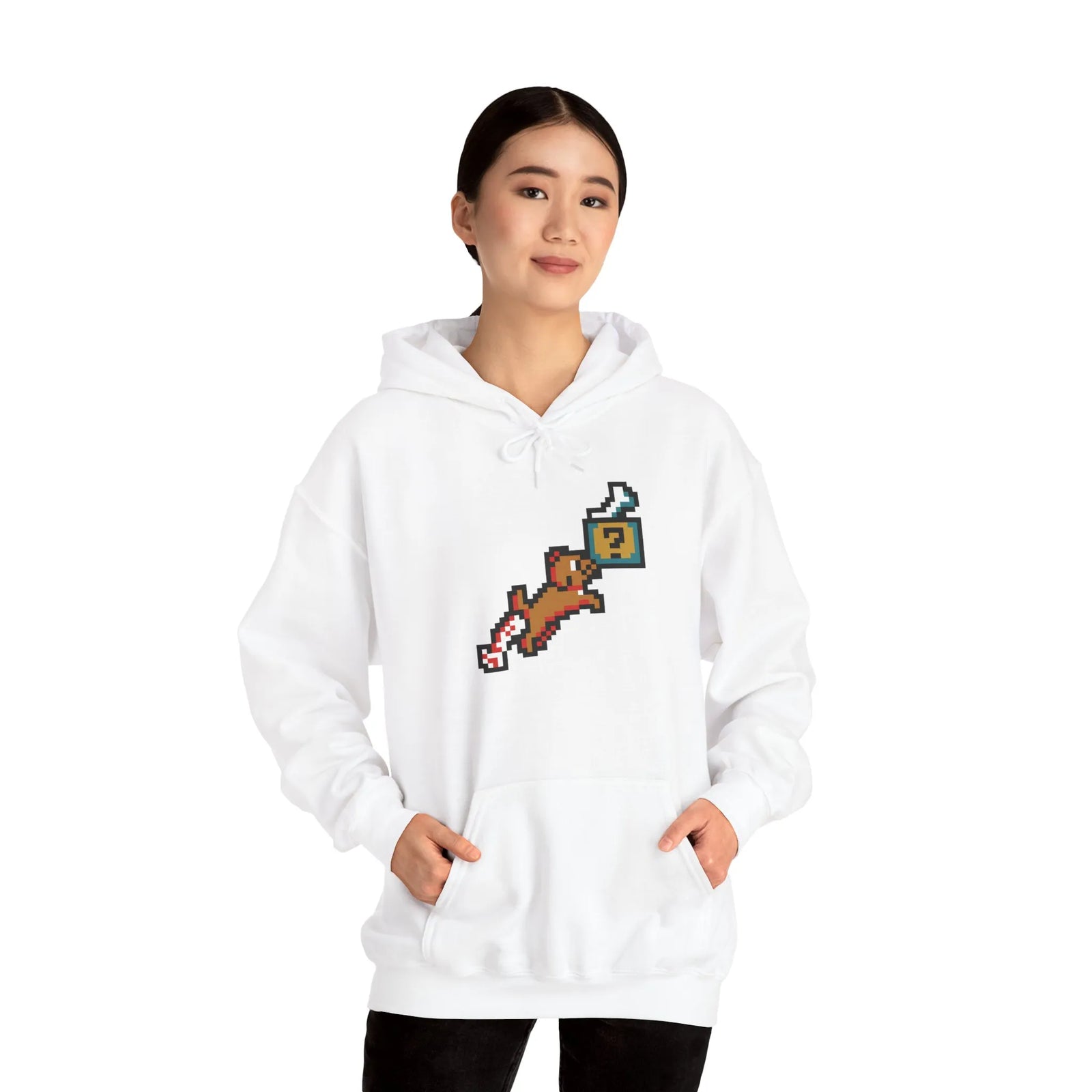 8-Bit Pixel Gaming Dog Fetch Quest Hoodie - Medium Heavy Blend Fleece Pullover - Unisex Off White