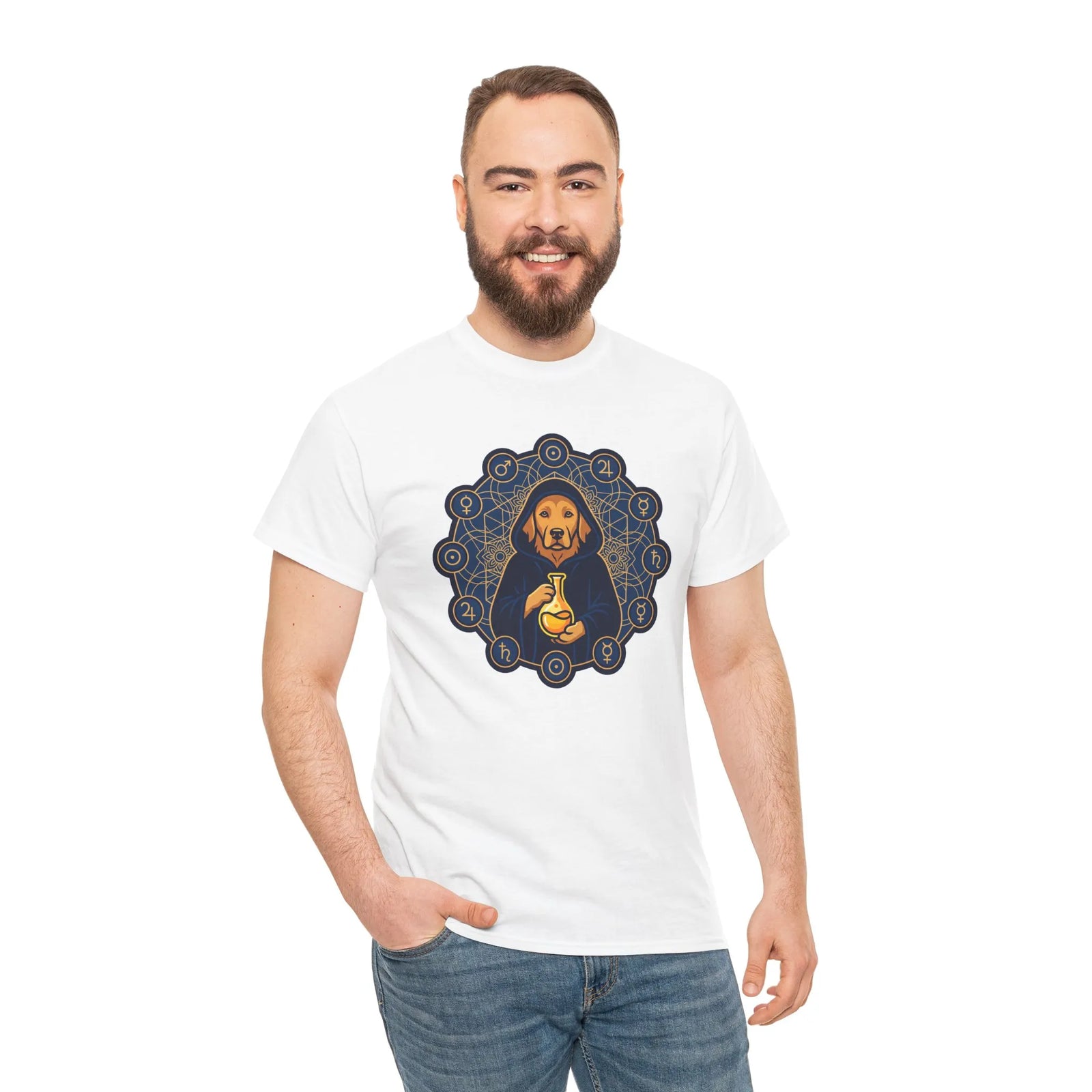 Alchemist Dog Sacred Geometry T-Shirt - Heavy Cotton Classic Fit Tee - Unisex White