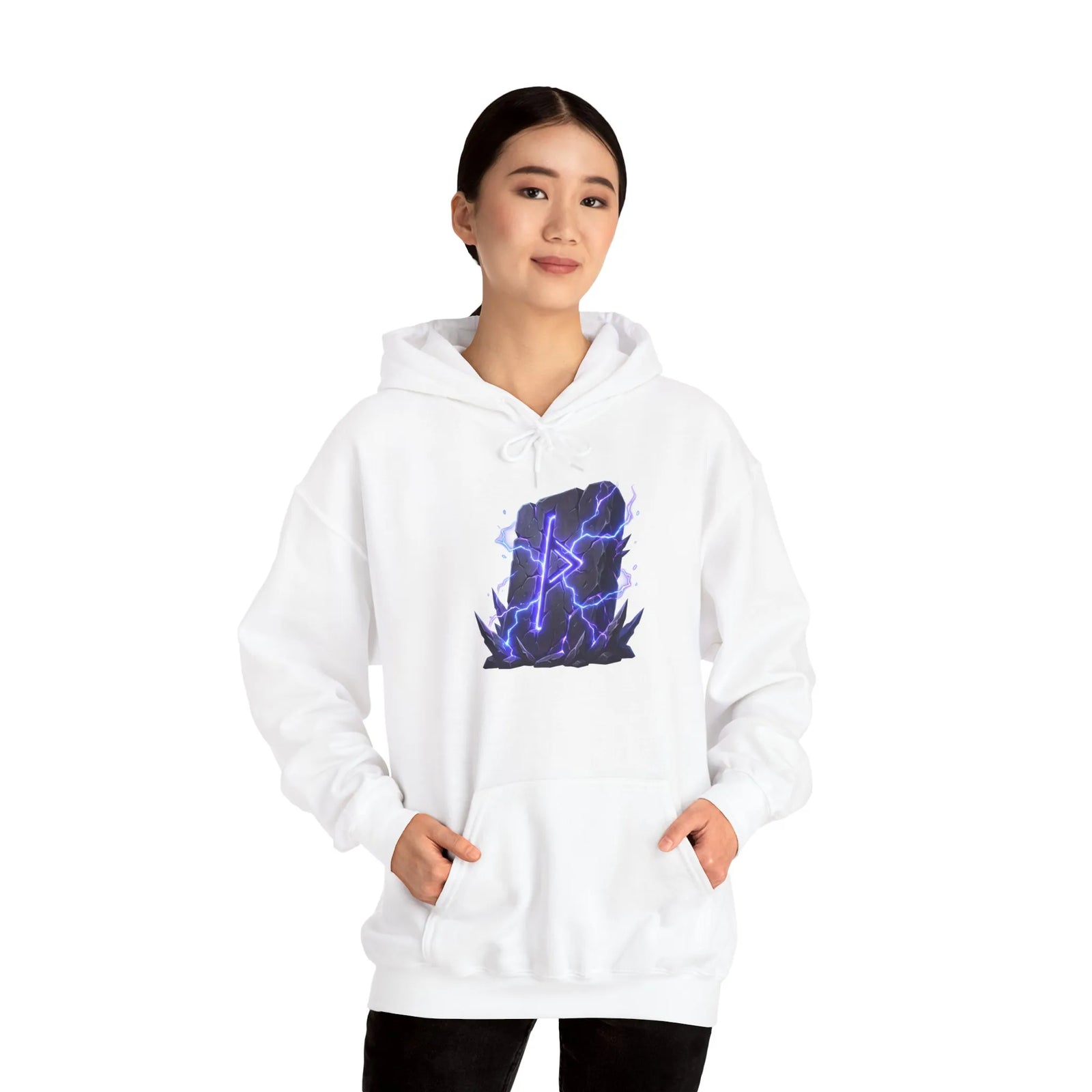 Thurisaz Rune Lightning Graphic Hoodie - Heavy Blend Fleece Pullover - Unisex White