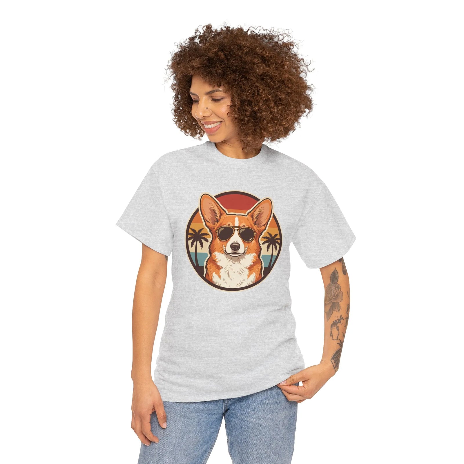 Cool Corgi Aviator Sunset T-Shirt - Heavy Cotton Classic Fit Tee - Unisex White