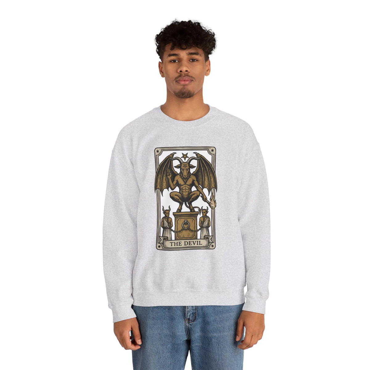Devil Tarot Card Graphic Sweatshirt - Heavy Blend Fleece Crewneck - Unisex White