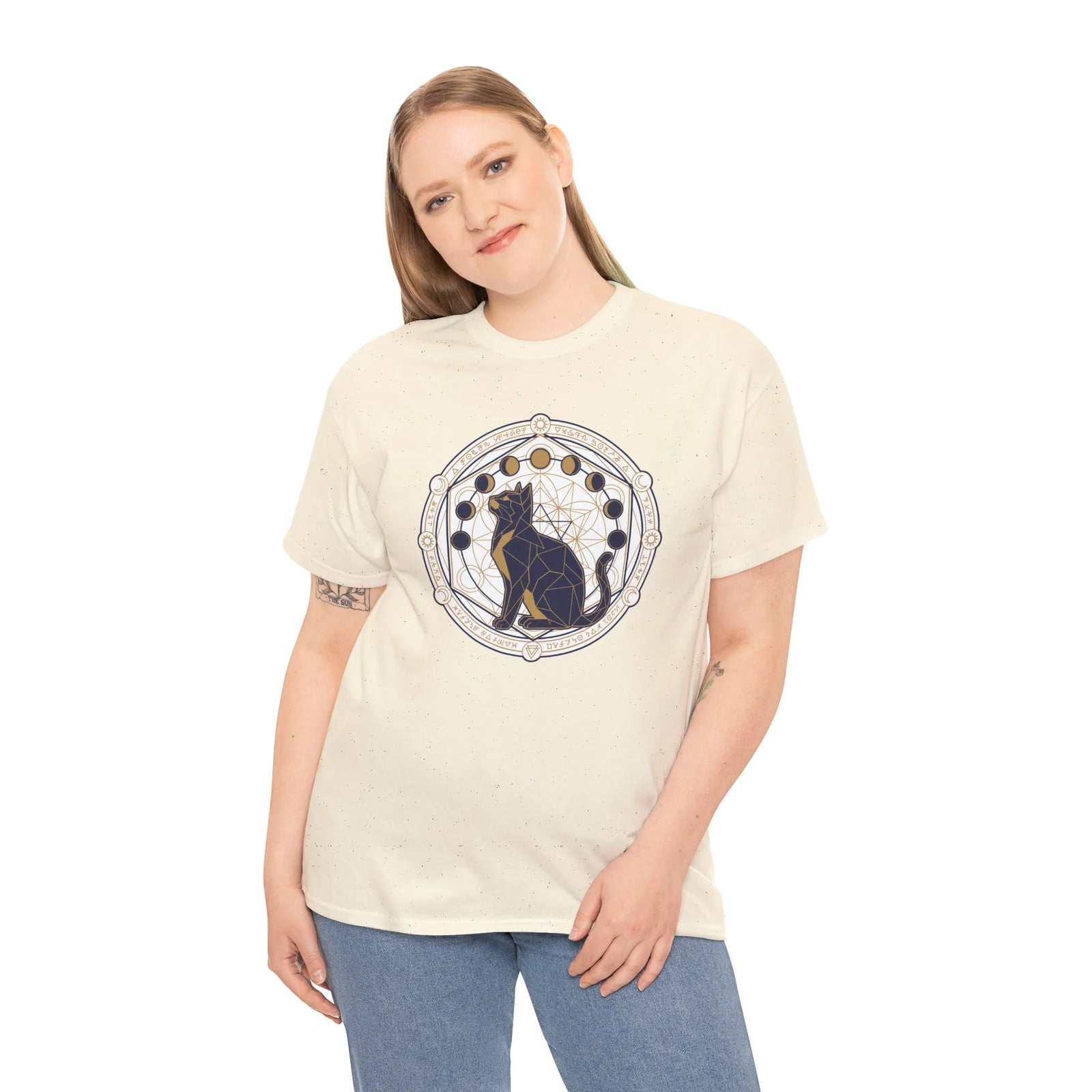 Moon Phases Sacred Geometry Cat Graphic T-Shirt - Heavy Cotton Classic Fit Tee - Unisex White
