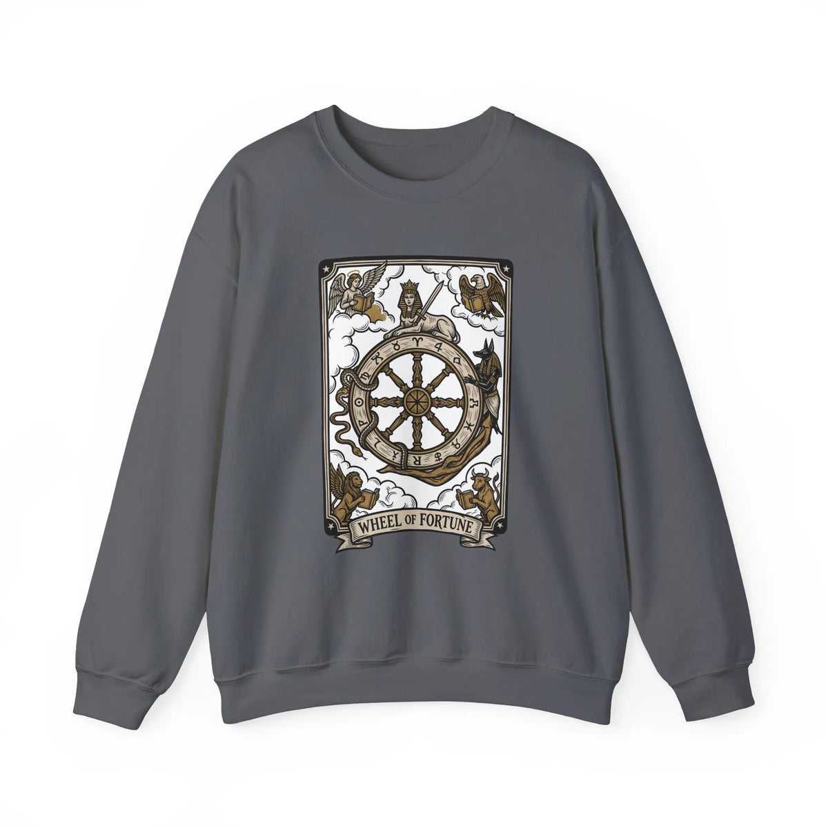 Wheel of Fortune Tarot Card Sweatshirt - Heavy Blend Crewneck Fleece - Unisex White