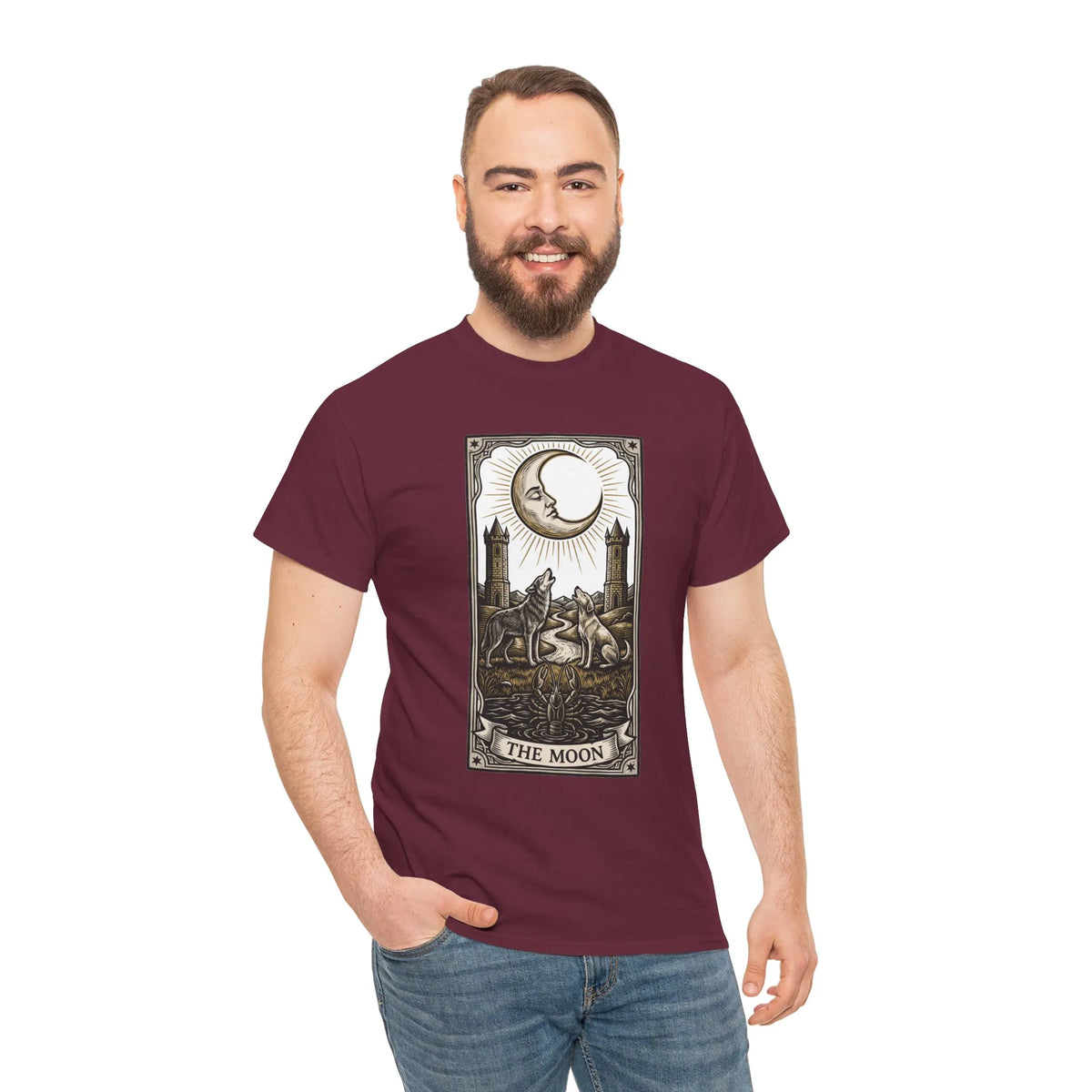 Moonlight Wolves Tarot Graphic T-Shirt - Heavy Cotton Classic Fit Crewneck - Unisex White