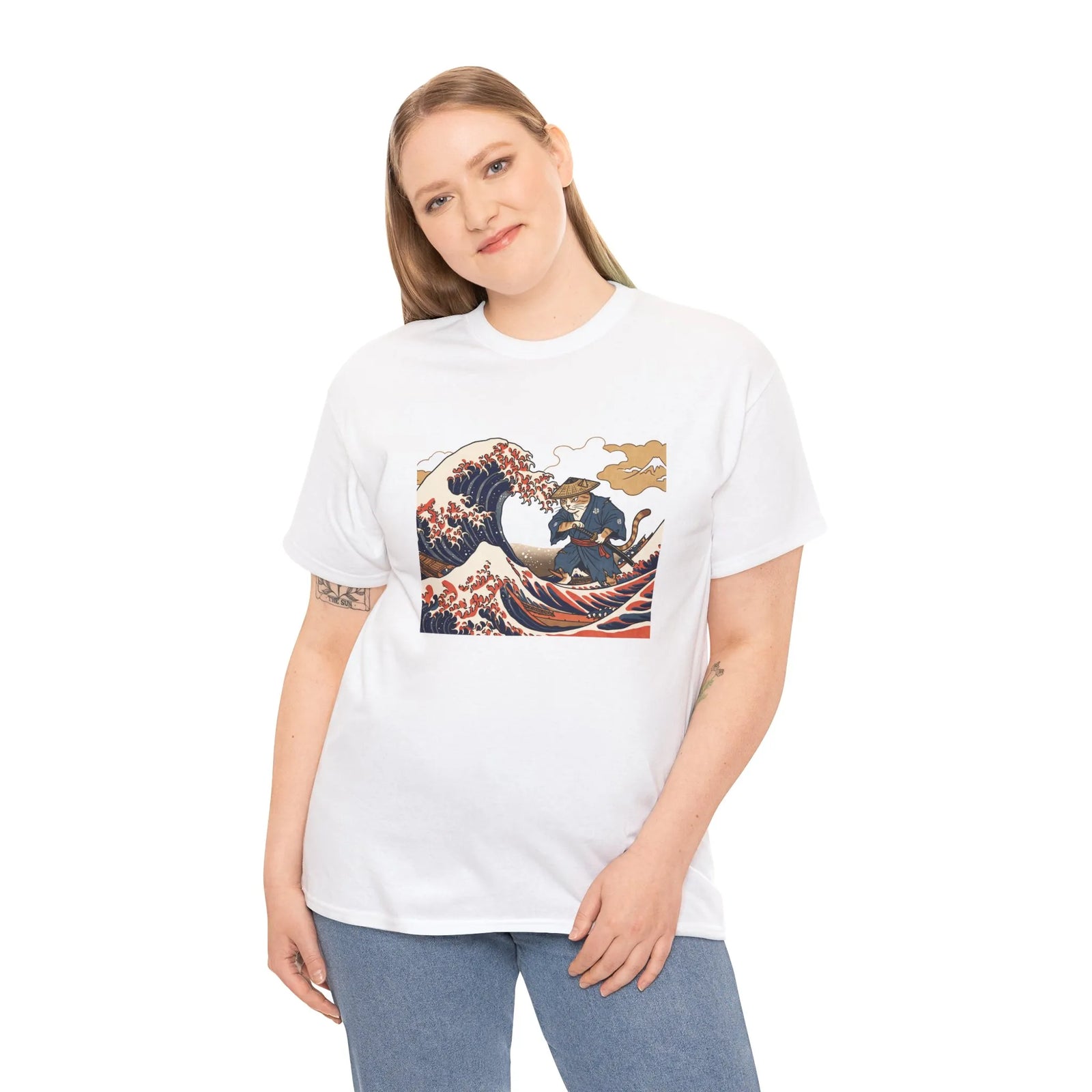Ronin & Wave Ukiyo-e Cat T-Shirt - Heavy Cotton Classic Fit Tee - Unisex White