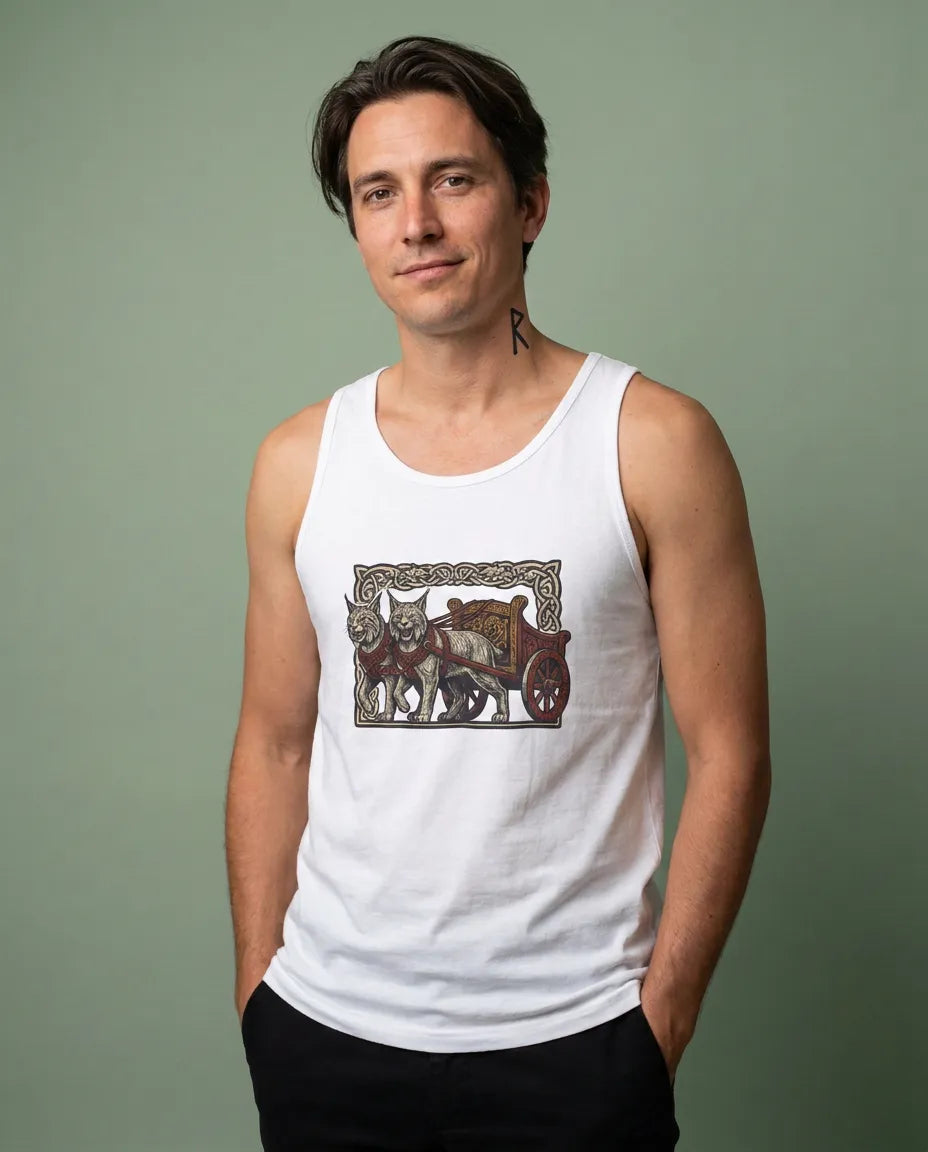 Freyja's Sacred Cats Chariot Tank Top - Soft Airlume Cotton Retail Fit - Unisex White