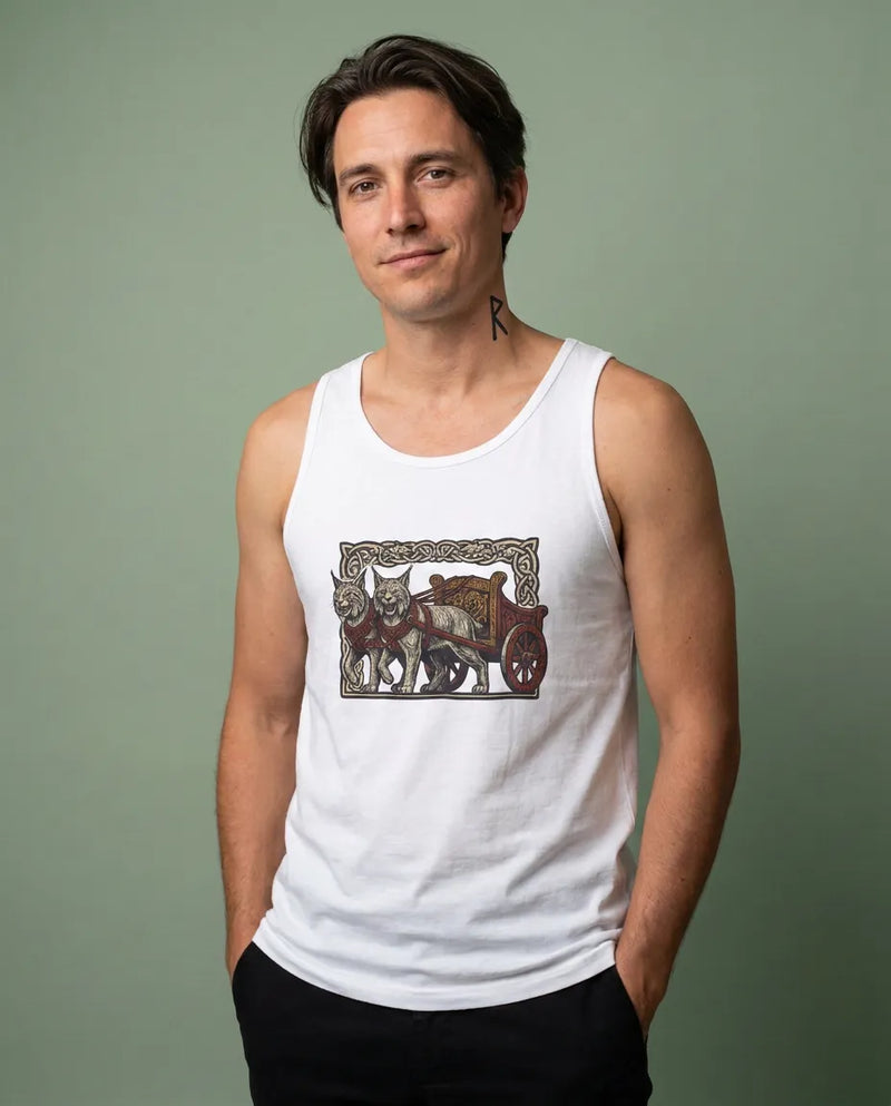 Freyja's Sacred Cats Chariot Tank Top - Soft Airlume Cotton Retail Fit - Unisex White