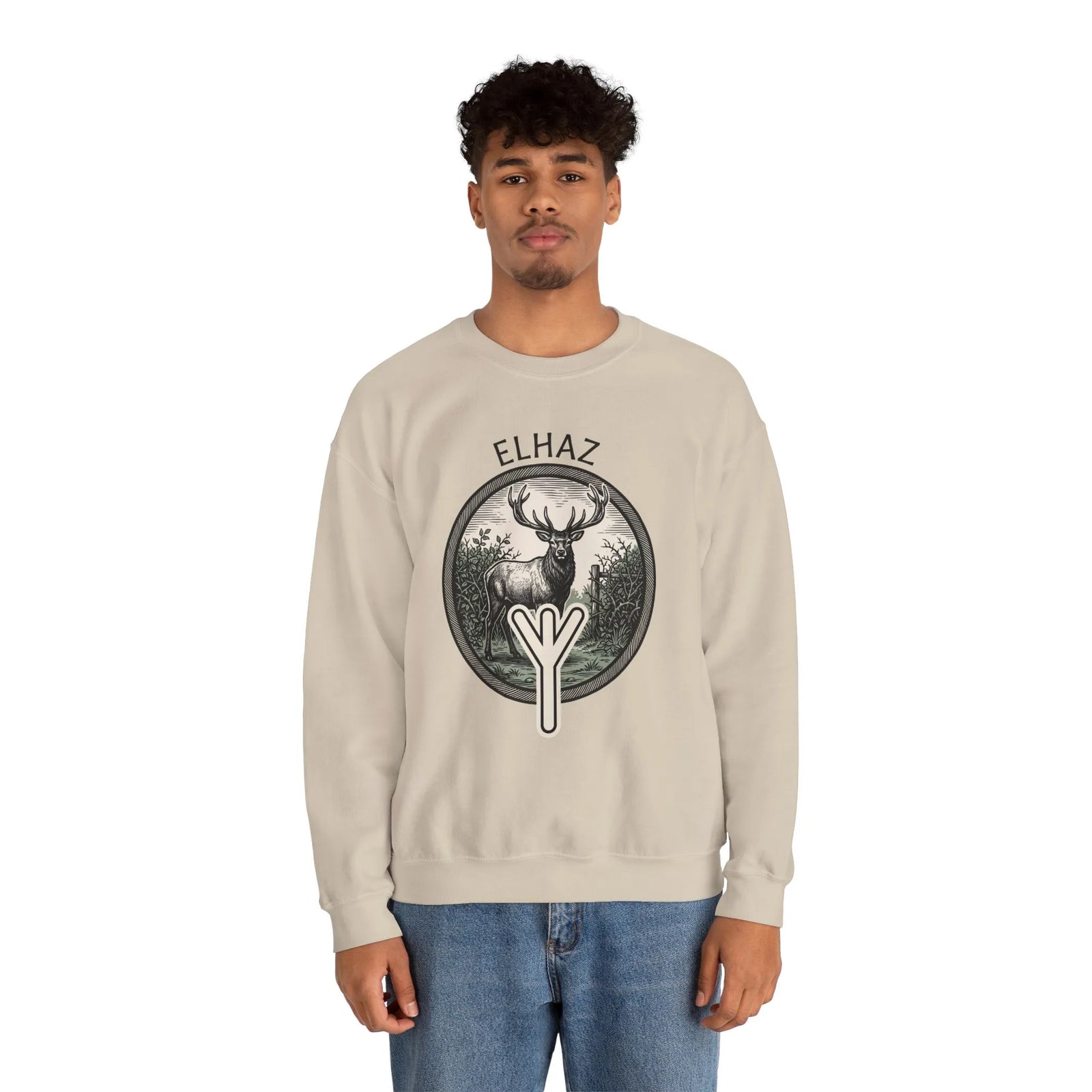 Elhaz Rune Protection Stag Sweatshirt - Medium-Heavy Cotton-Poly Crewneck - Unisex White