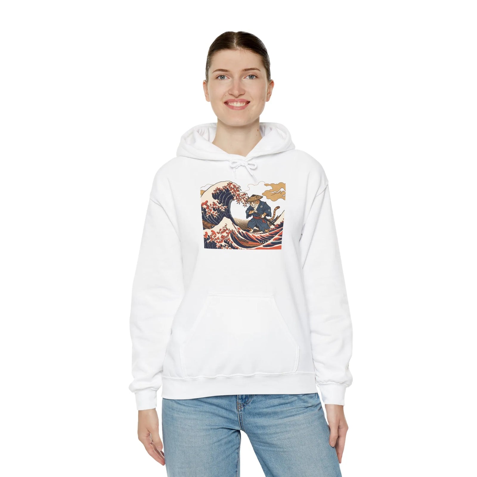 Ronin Wave Samurai Cat Ukiyo-e Hoodie - Heavy Blend Fleece Pullover - Unisex White