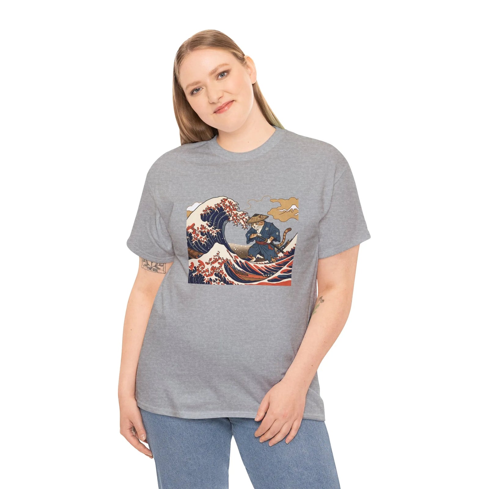 Ronin & Wave Ukiyo-e Cat T-Shirt - Heavy Cotton Classic Fit Tee - Unisex White