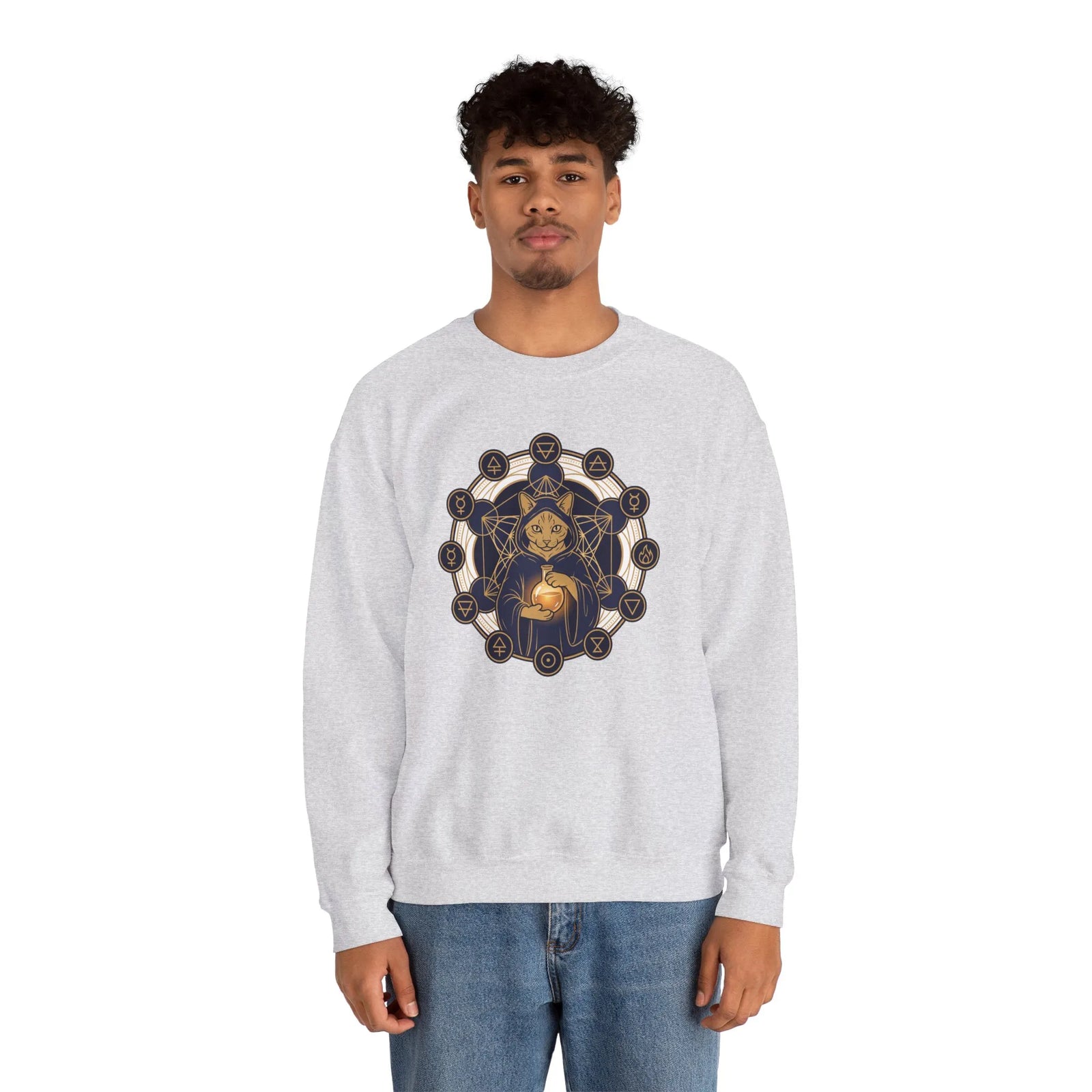 Sacred Geometry Alchemist Cat Sweatshirt - Heavy Blend Fleece Crewneck - Unisex White