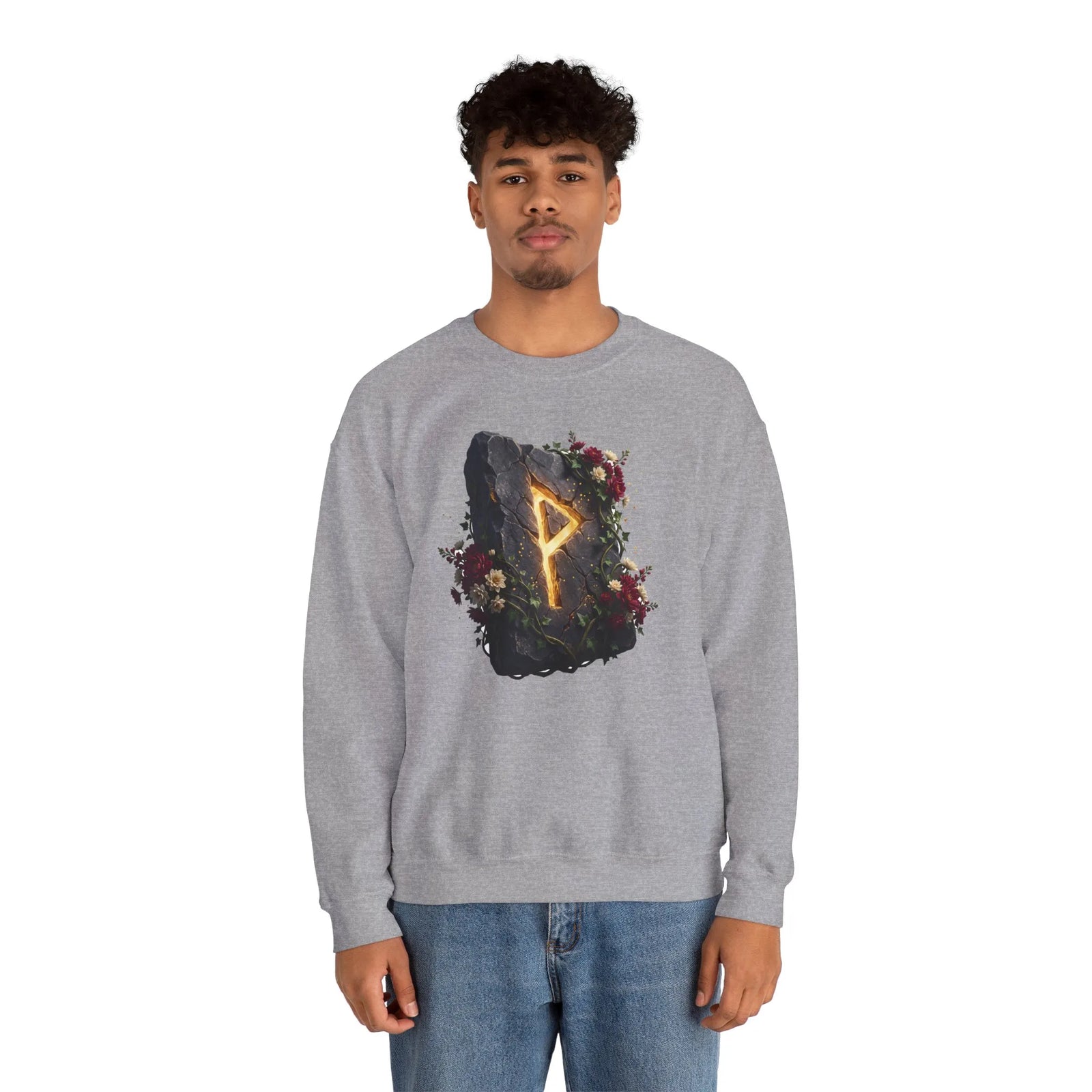 Wunjo Rune Blossom Sweatshirt - Heavy Blend Crewneck Fleece - Unisex Ash