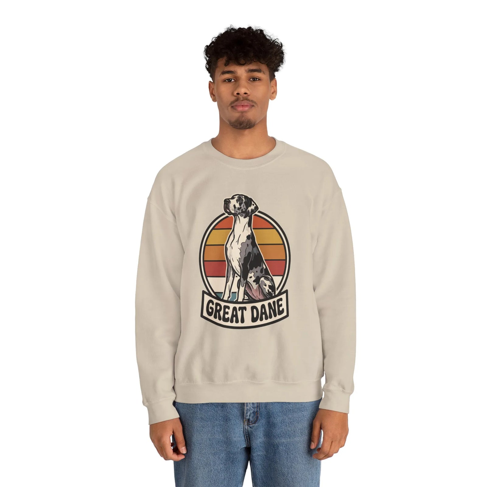 Great Dane Retro Sunset Breeds Sweatshirt - Heavy Blend Crewneck 50/50 Cotton Poly - Unisex White