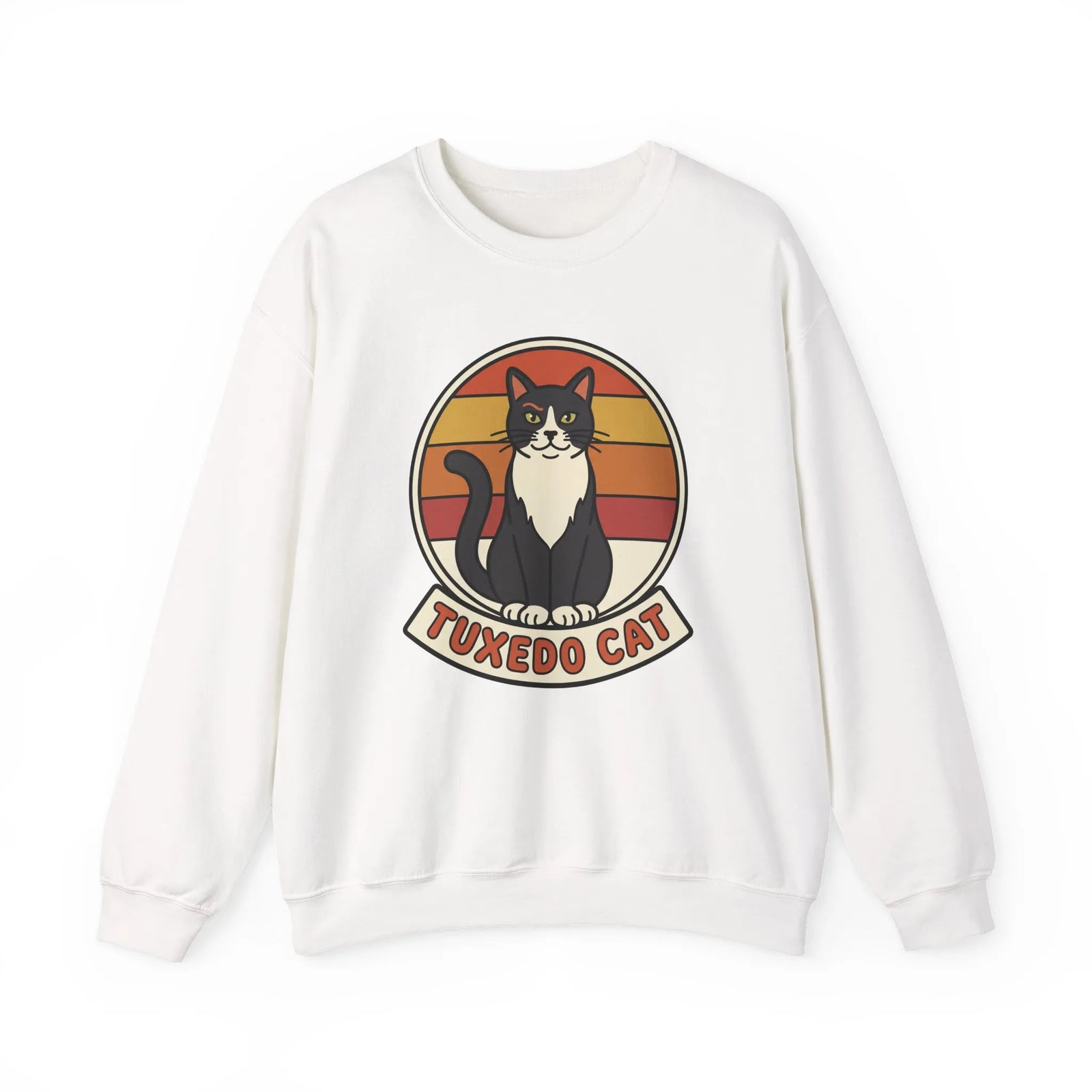 Tuxedo Cat Retro Sunset Sweatshirt - Heavy Blend Fleece Crewneck - Unisex Ash