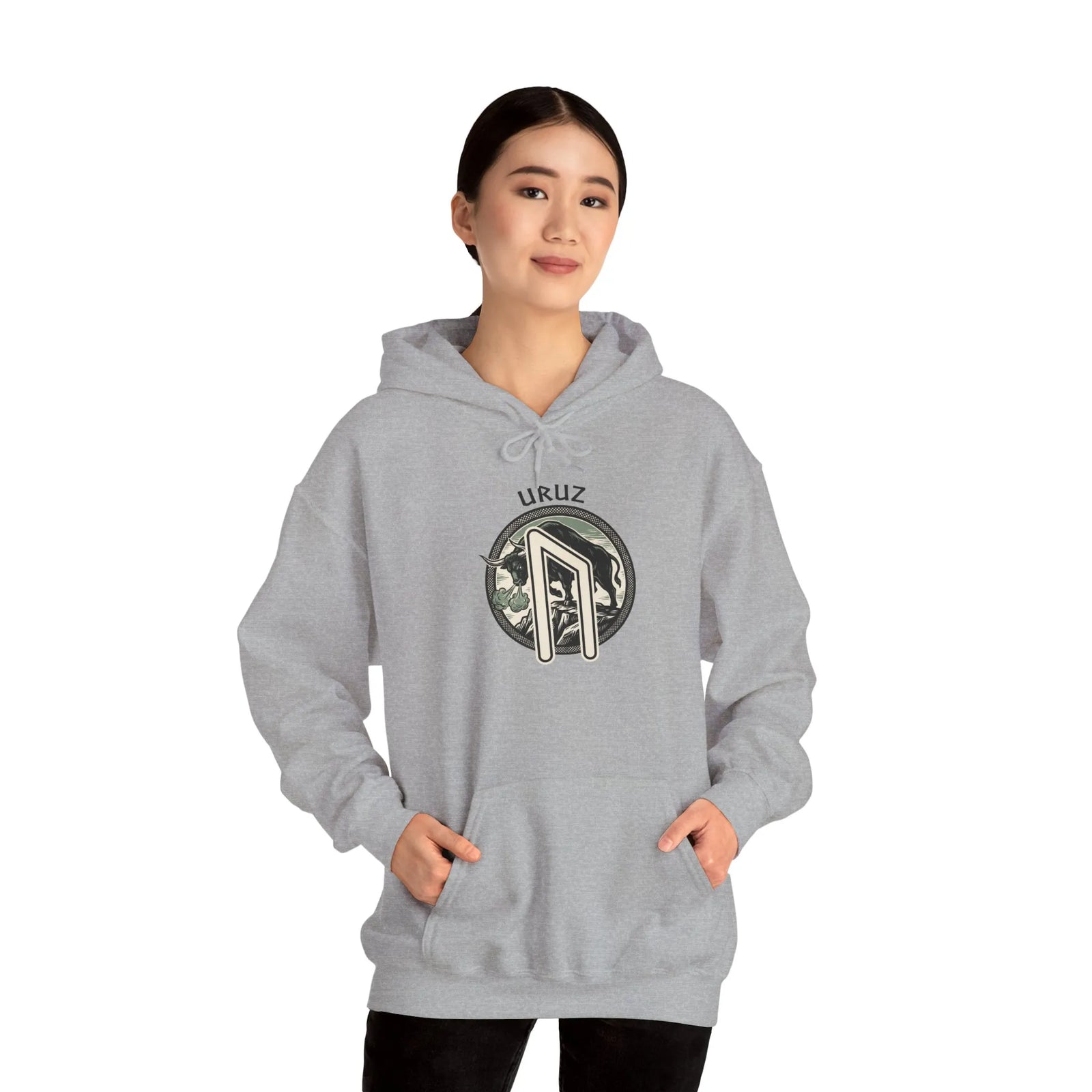 Uruz Rune Bull Norse Graphic Hoodie - Soft Cotton Blend Classic Fit Pullover - Unisex White
