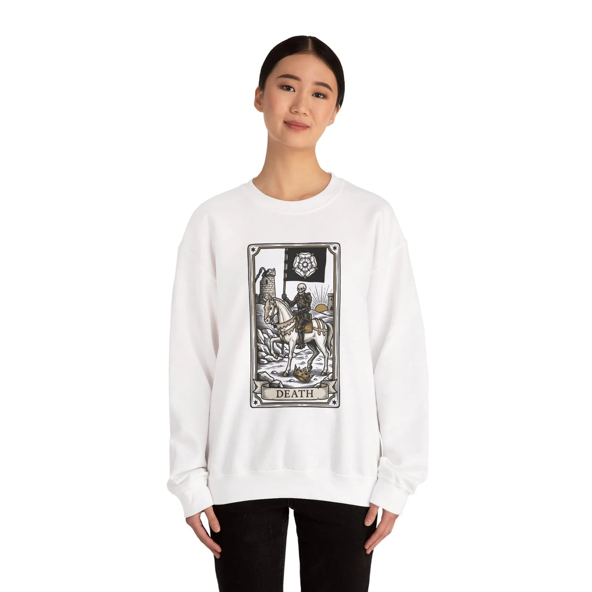 Tarot Death Card Graphic Sweatshirt - Heavy Blend Classic Fit Crewneck - Unisex White